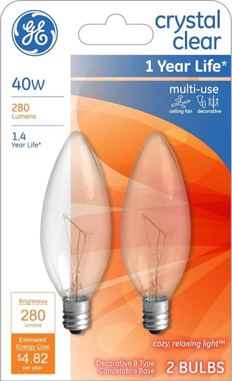 (case of 6 pack/12 light )ge crystal clear blunt tip decorative light bulbs (40 watt), 280 lumen, candelabra light bulb base, chandelier light bulbs