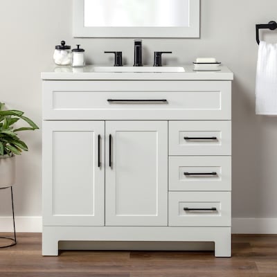 style selections cauley 36-in true white single sink bathroom vanity with white