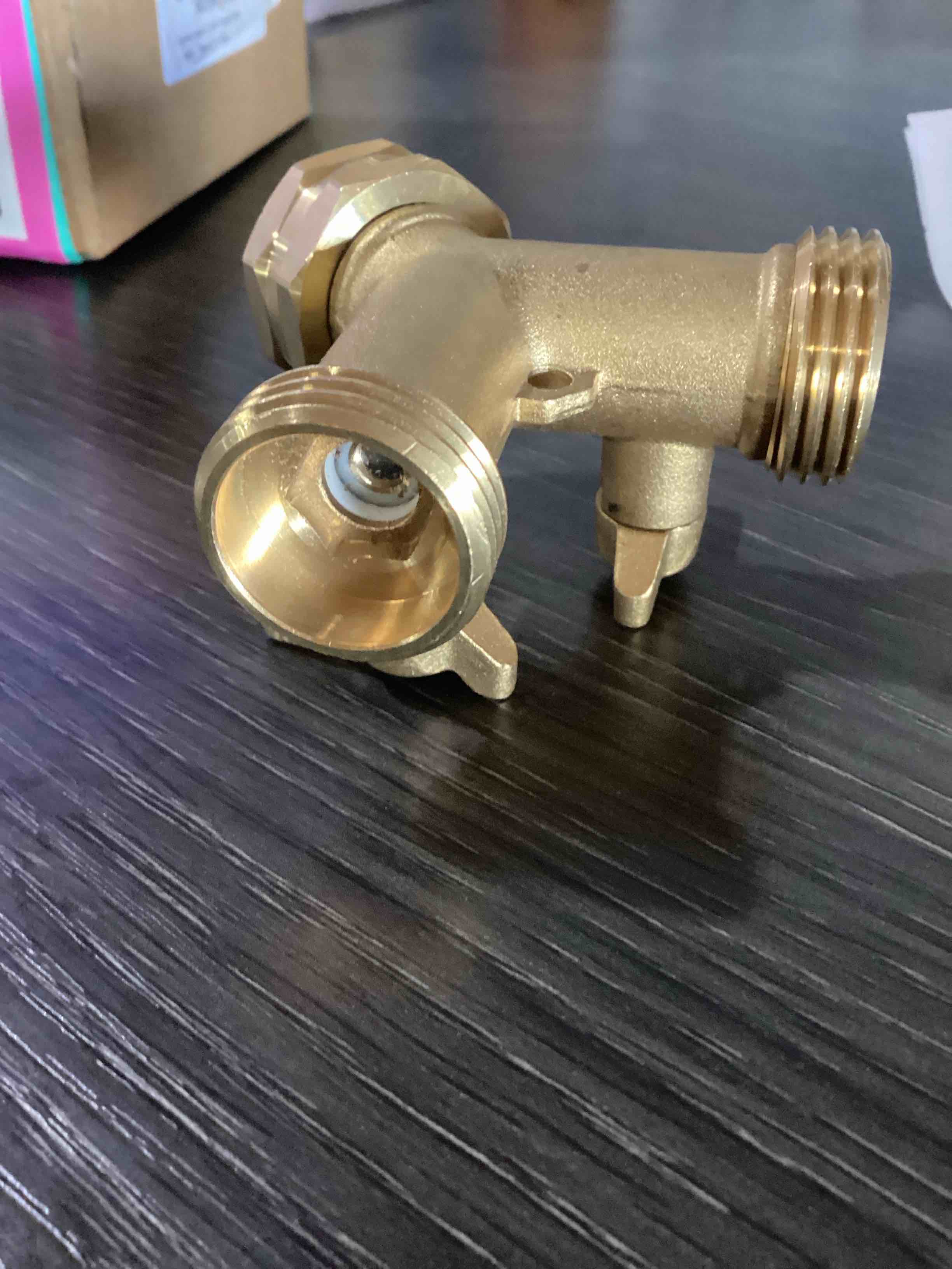 Condition photo showing As Is for garden hose splitter 2 way heavy duty, outdoor faucet splitter 2 way, solid brass spigot splitter hose y splitter with shutoff valve 2 way 1 pcs