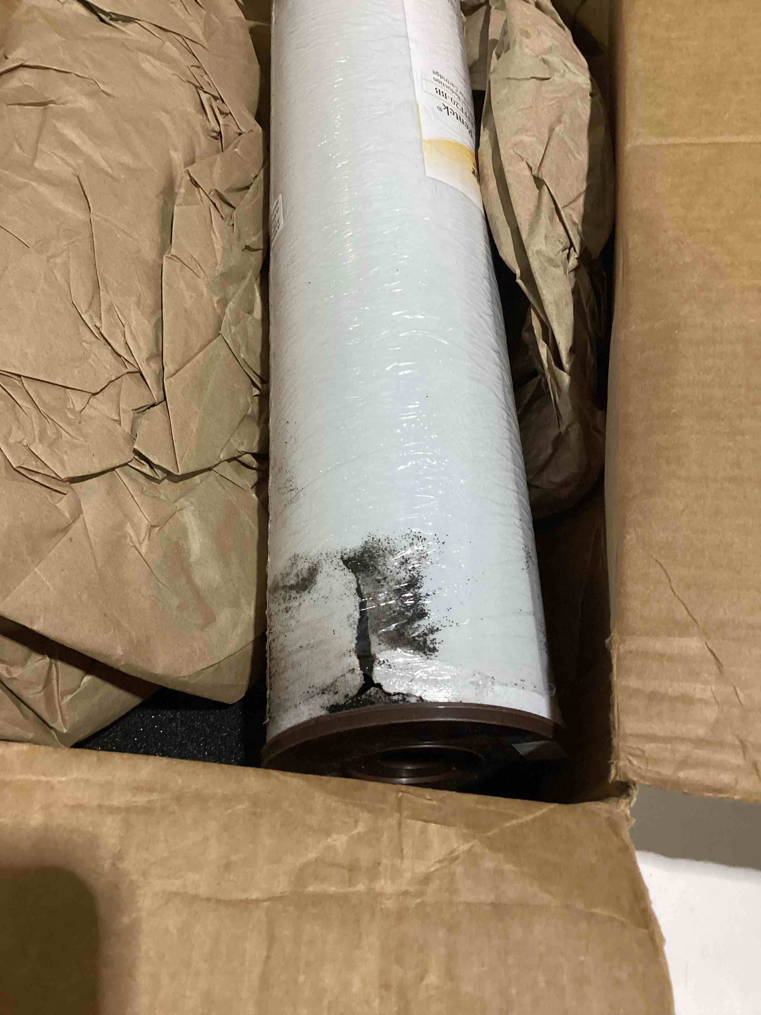 Condition photo showing As Is for has damage pentair pentek rffe20-bb big blue water filter, 20-inch, whole house radial flow iron reduction replacement cartridge, 20\" x 4.5\", white pack of 1 20\" x 4.5\"