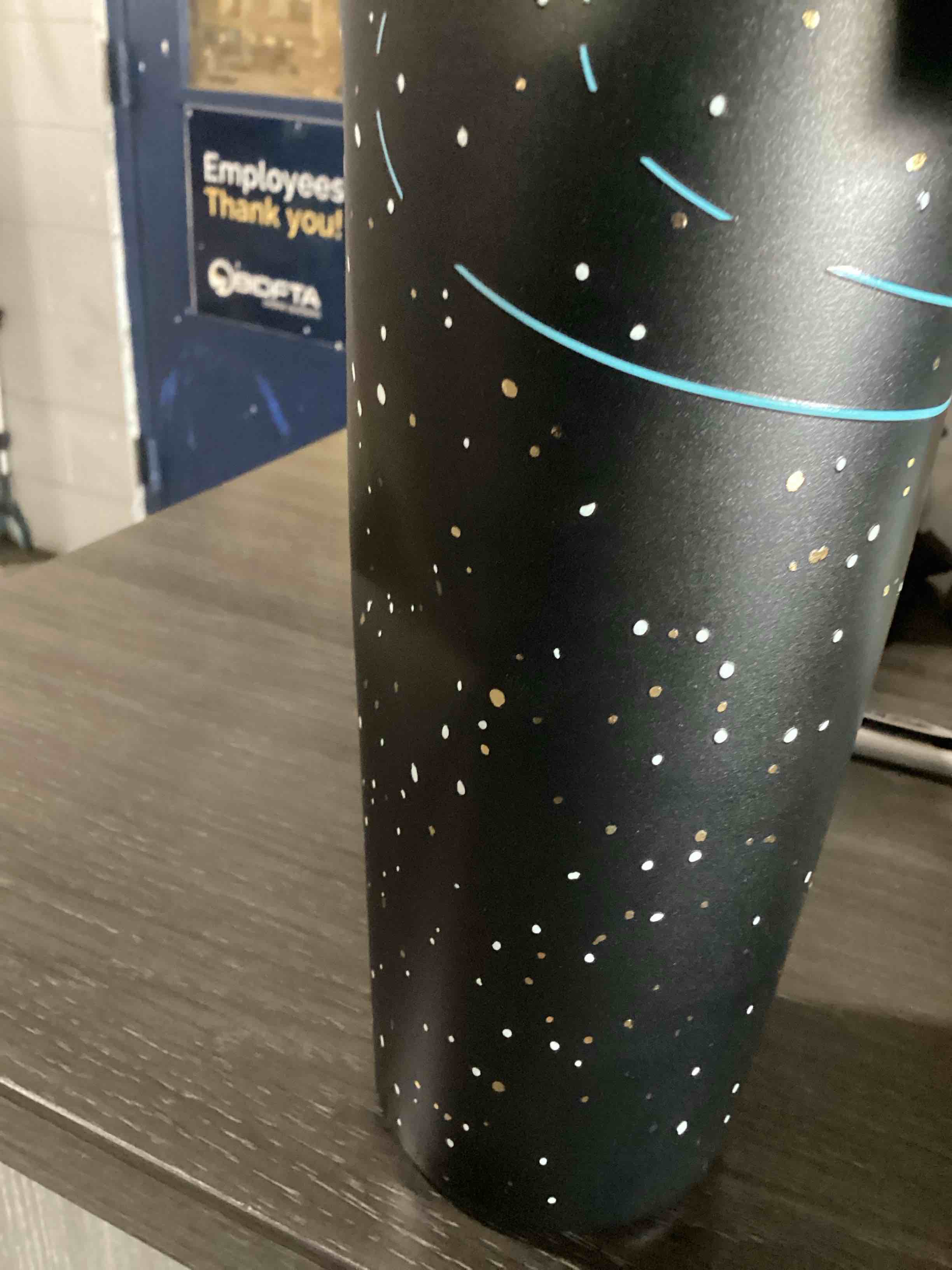 Condition photo showing As Is for has light damage owala star wars freesip sway insulated stainless steel water bottle with two-way spout, built-in straw and bucket handle, school, and sports, 30oz, bpa free, leak proof, millennium falcon millennium falcon 30 ounces