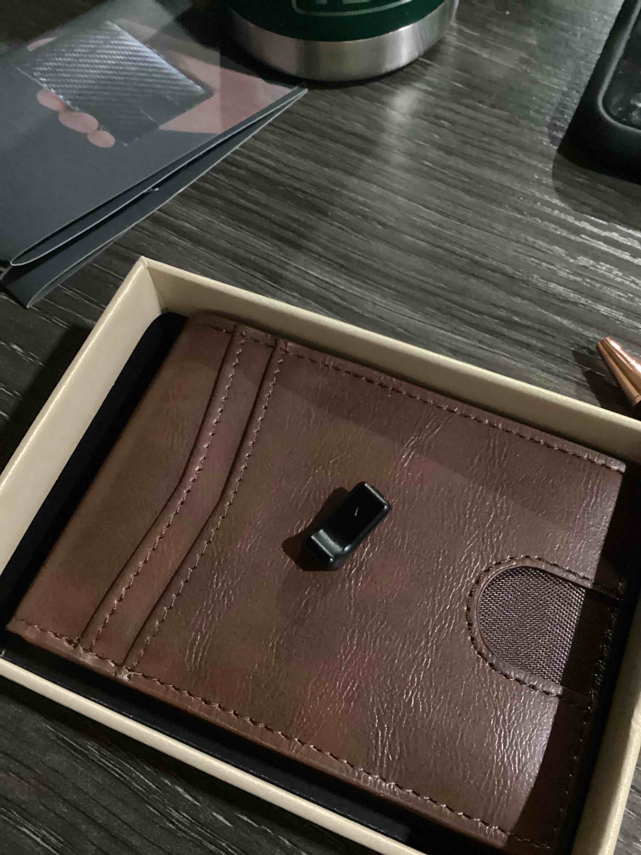 Condition photo showing As Is for qld wallet for men - rfid blocking [functional & practical] bifold slim minimalist credit card holder pop up metal case with cash slot, front pocket with id window, gift boxed cognac