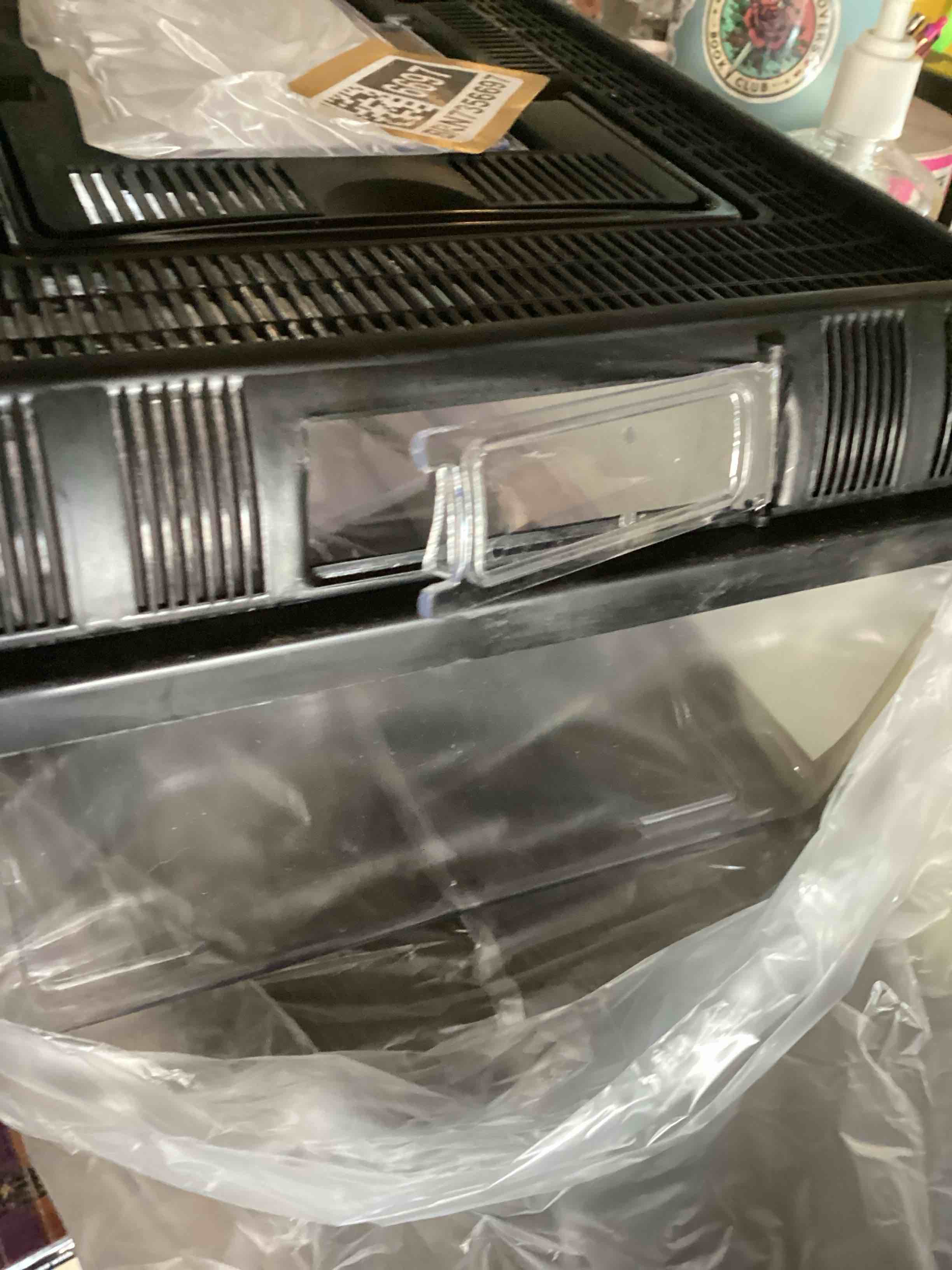 Condition photo showing As Is for damaged handle penn-plax small world habitat lo-tank portable & transparent tank 2.3 gall