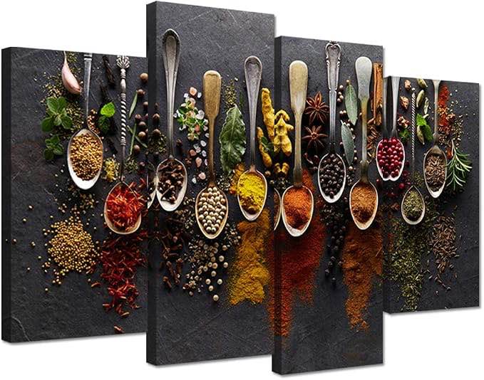 Condition photo showing Good Condition for ** incomplete picture missing only 3 pcs ** ihappywall kitchen pictures wall decor  couful spice in spoon vintage canvas wall art food photos painting on canvas stretched framed home decoration gift ready to hang