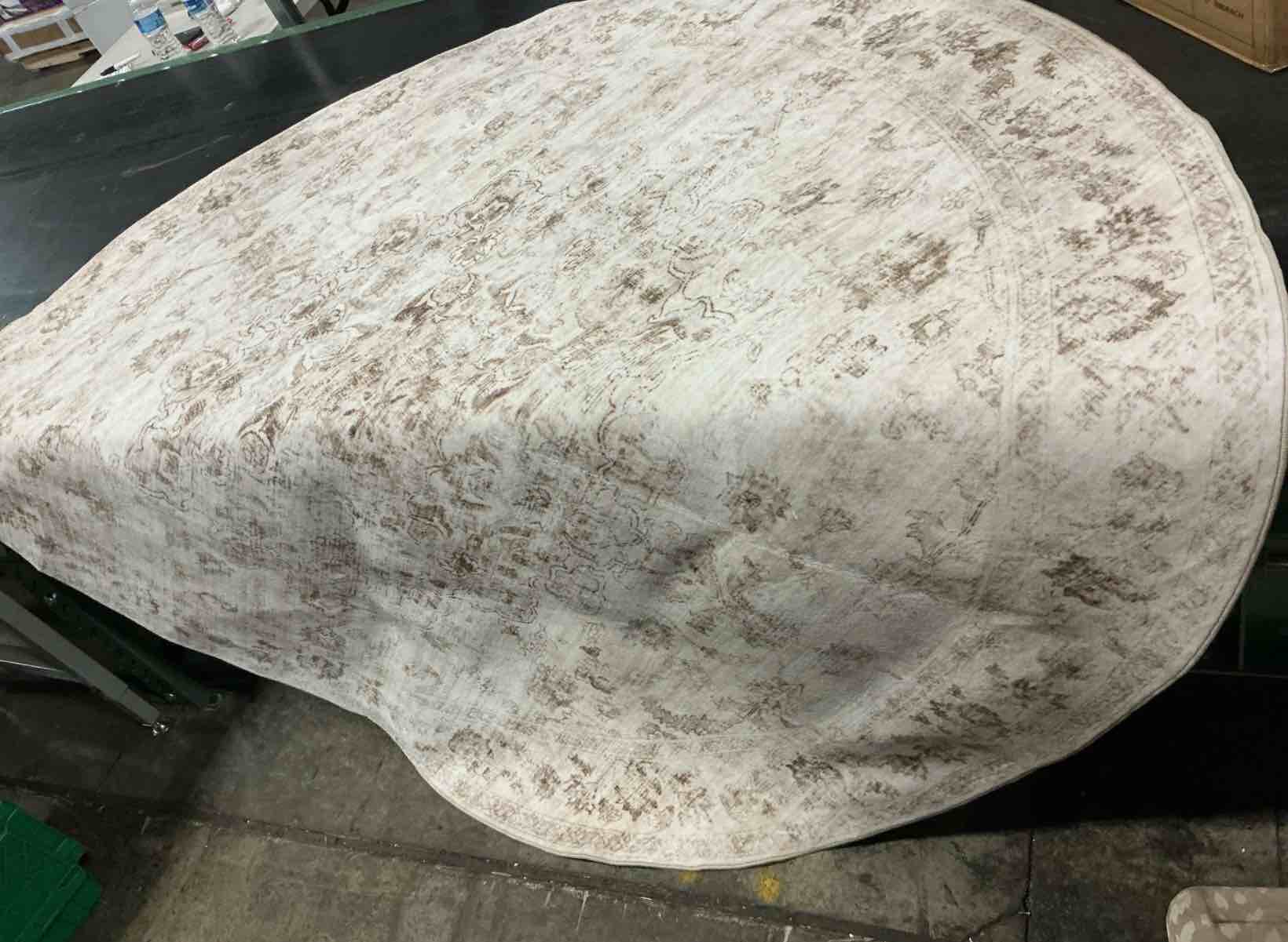 Condition photo showing Good Condition for 6x6 beige neutral round rug | washable, non slip, soft low pile, vintage farmhouse, for dining room living room bedroom office entryway indoor home decor