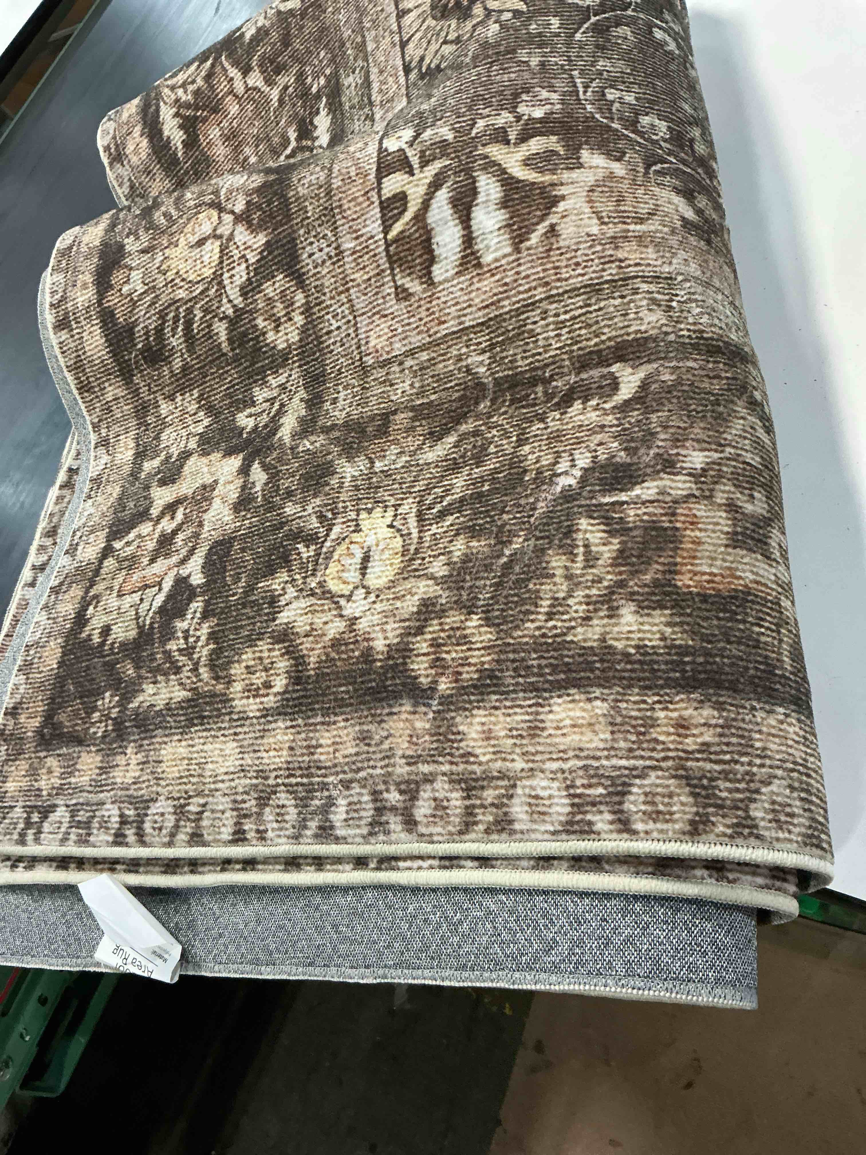 Condition photo showing Good Condition for 8x10 living room area rug washable brown vintage print rugs | thin, soft, low pile distressed indoor rugs non slip carpet for bedroom, dining room, office home decor