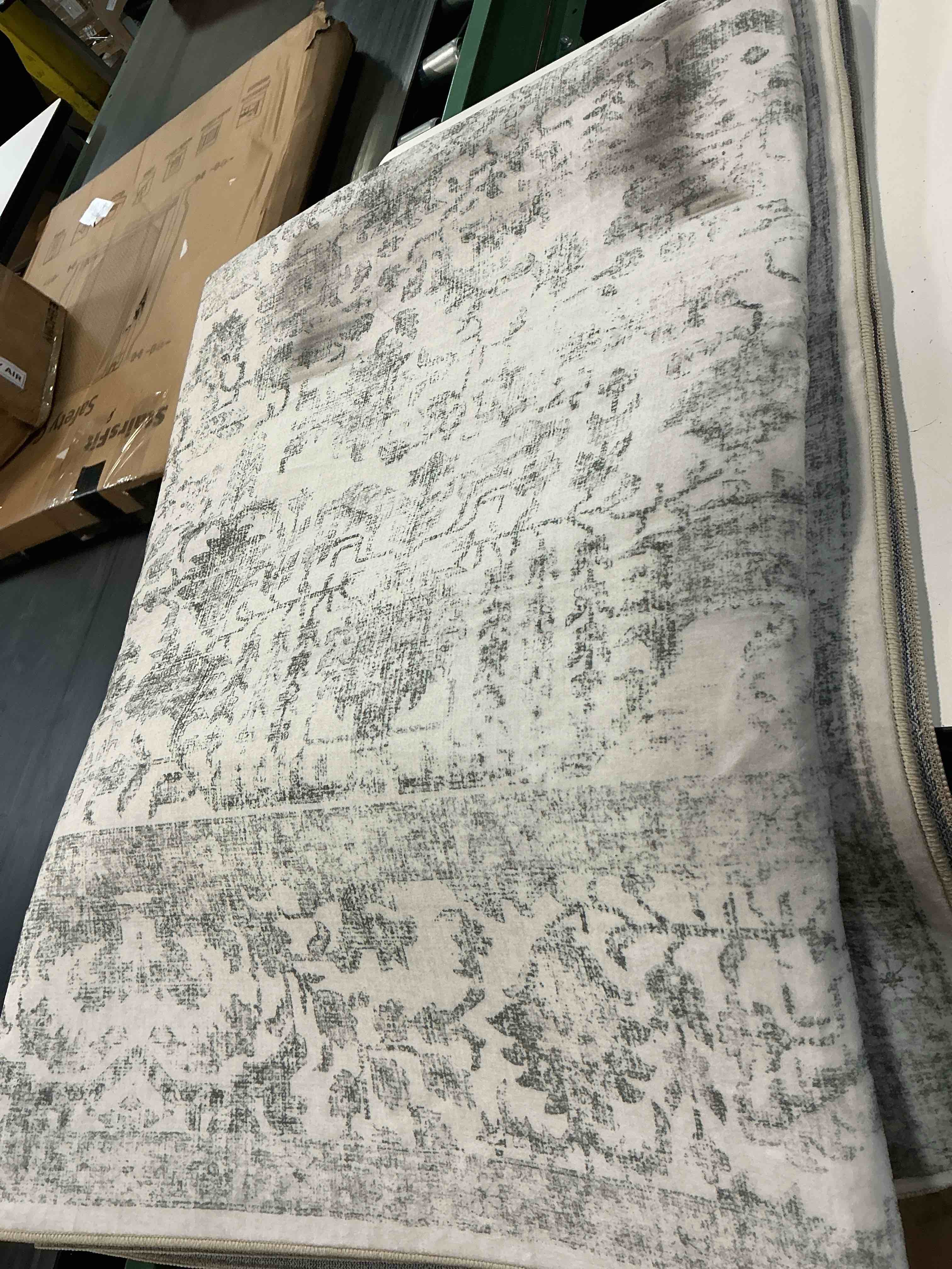 Condition photo showing As Is for gray area rug 5x7 machine washable vintage living room distressed non slip carpet traditional indoor bedroom grey retro floral accent throw large rug for office kitchen bathroom dining room 5' x 7' (rectangular) accent | grey
