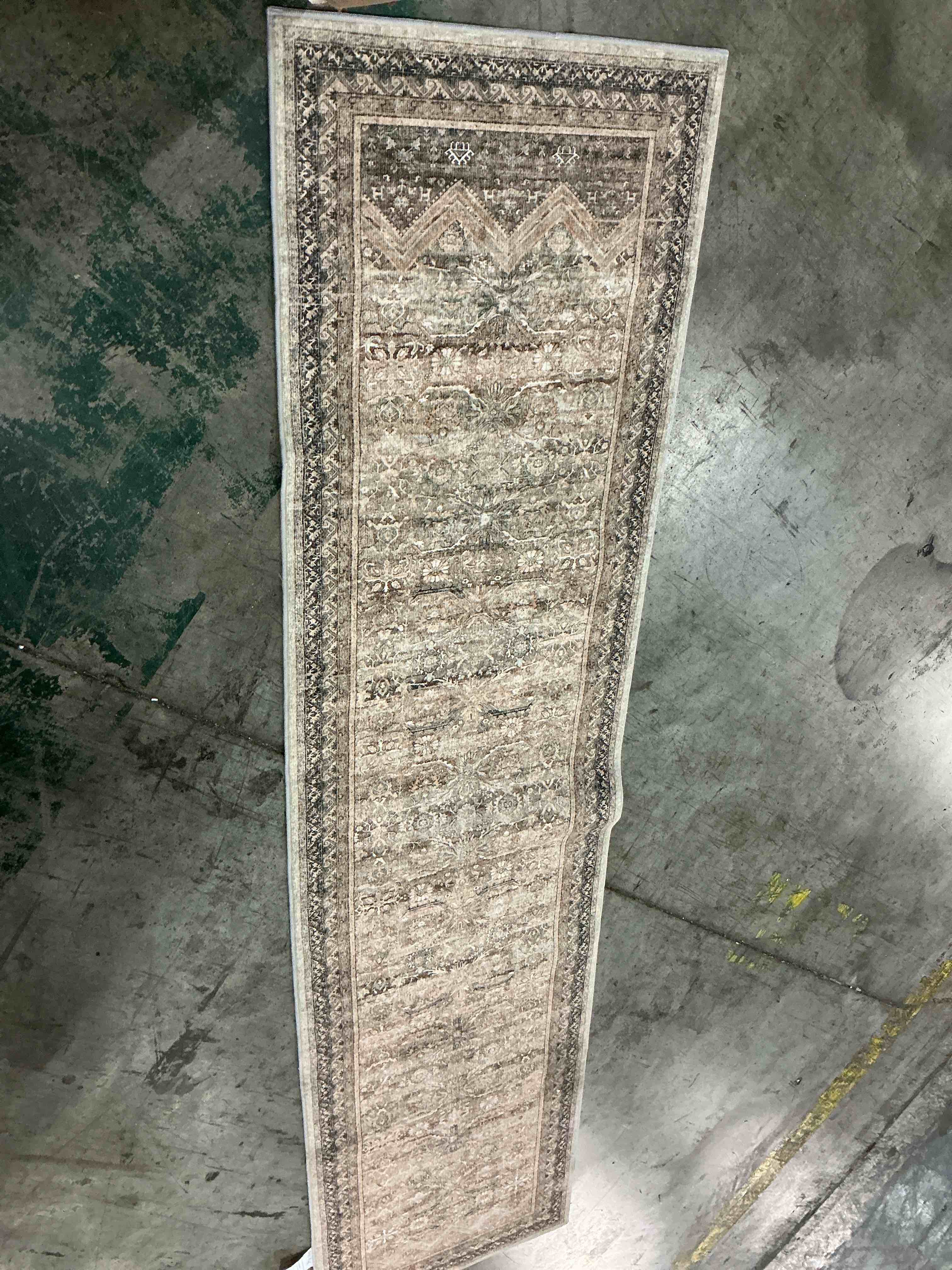 Condition photo showing As Is for 2x8 runner rugs retro brown washable rug | hallway runner rug, vintage rug, bedroom, kitchen, laundry, no shedding, non slip, low pile, soft, distressed