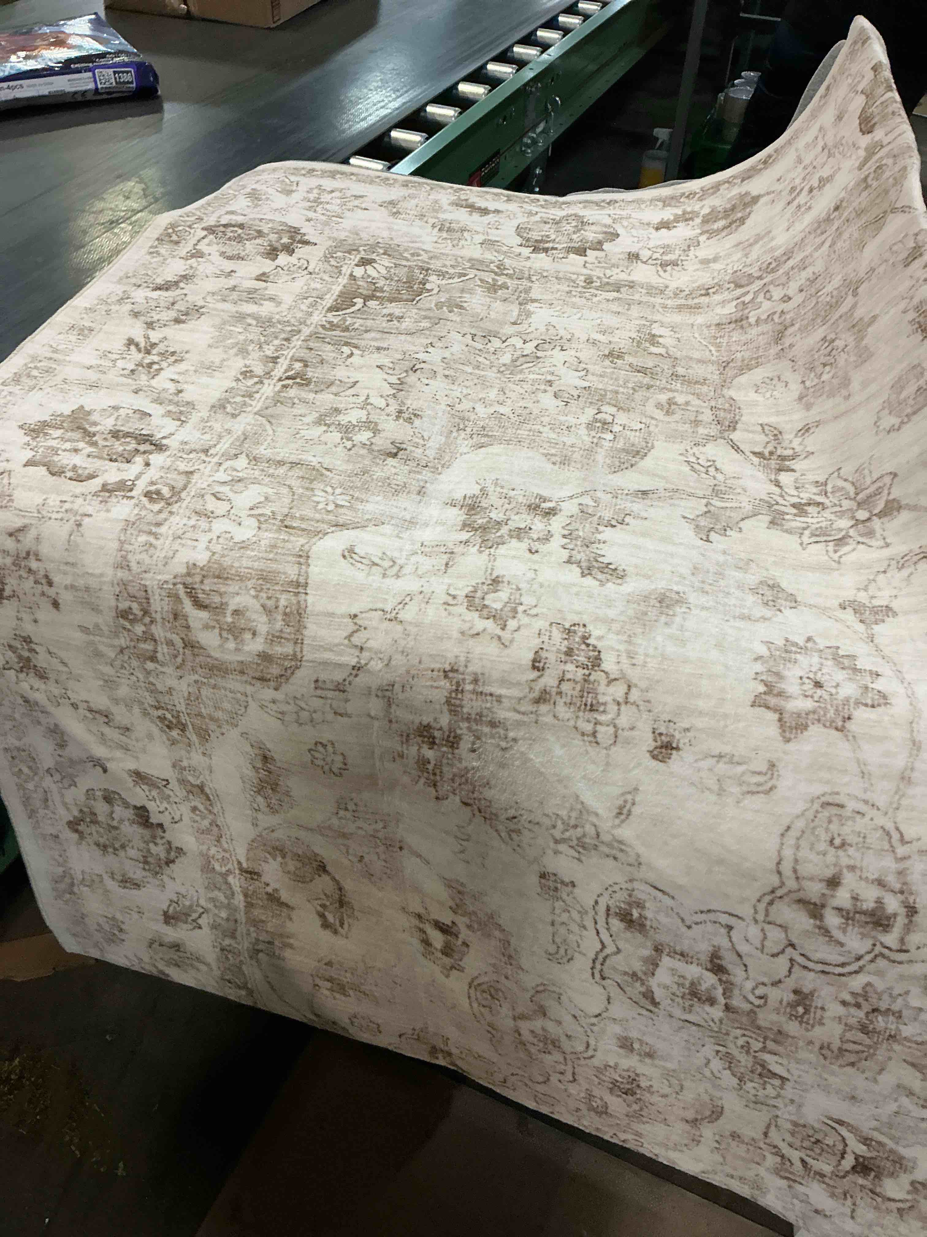 Condition photo showing Good Condition for 7x9 beige neutral area rug | washable, non slip, soft low pile, vintage farmhouse, for living room bedroom dining room office indoor home decor