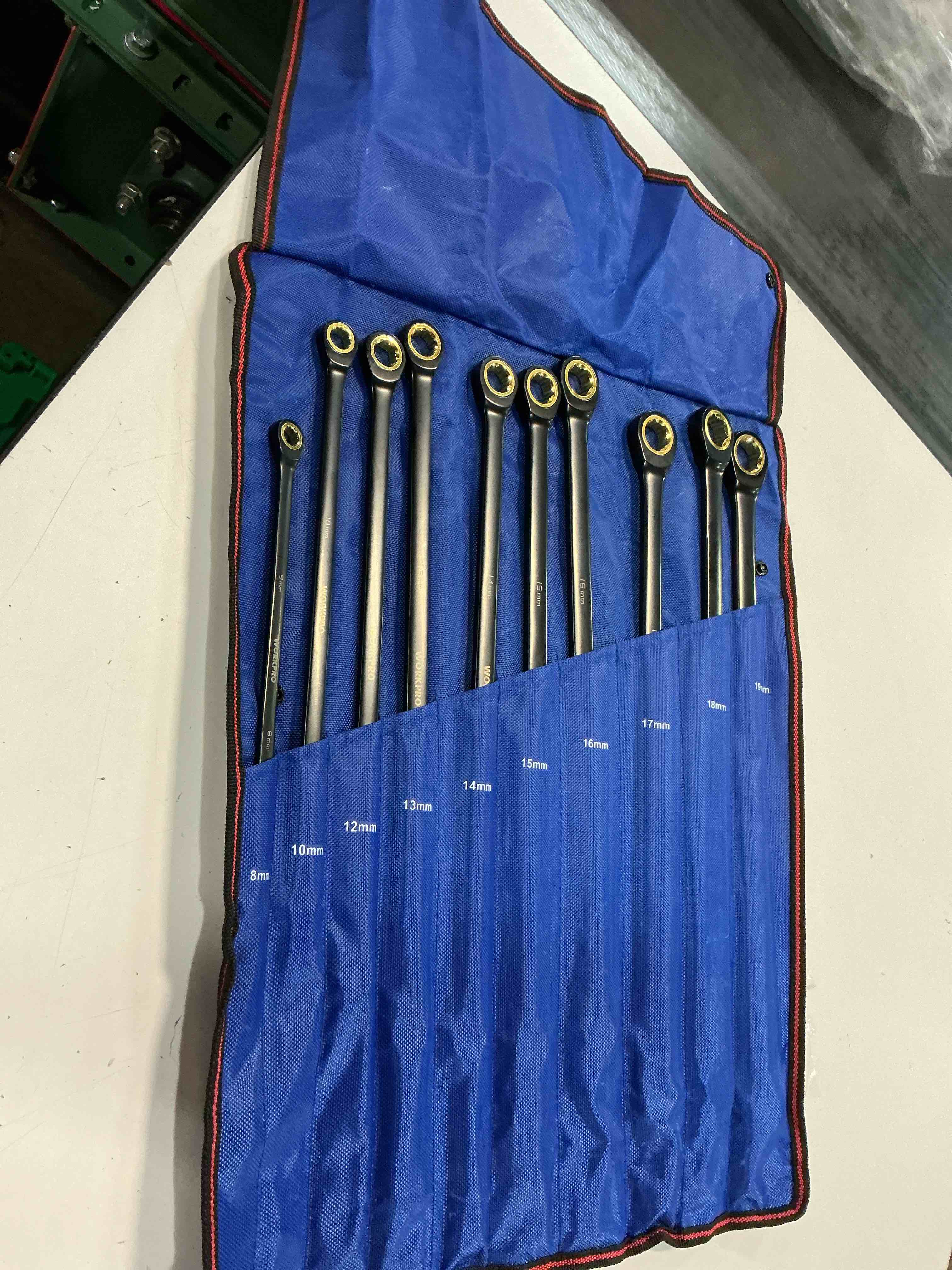 Condition photo showing Good Condition for workpro extra long ratcheting wrench set, 10-piece anti-slip double box wrenches set, metric 8-19 mm, 72-teeth, cr-v steel and black electrophoretic coating wrenches with rolling pouch
