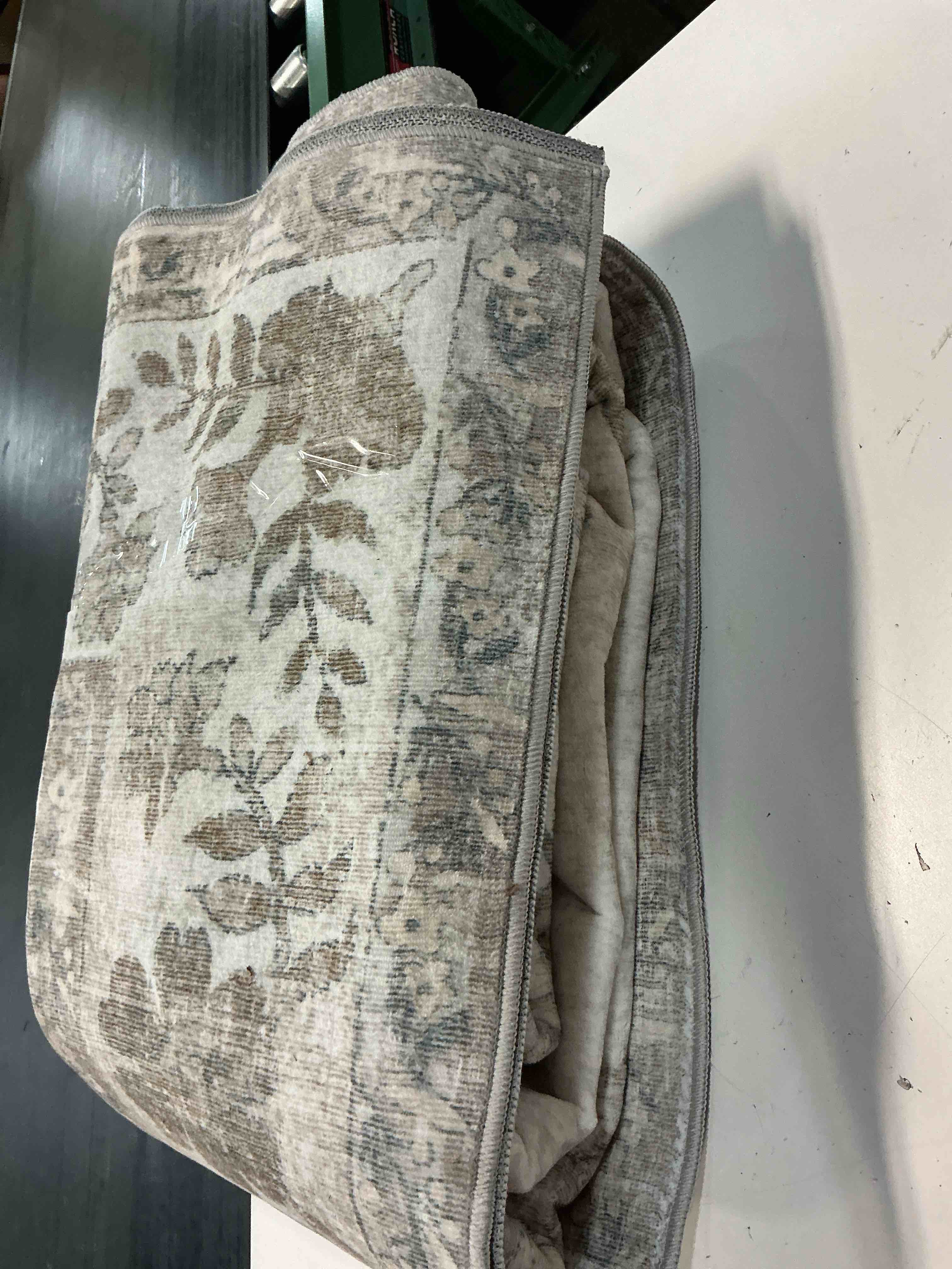 Condition photo showing As Is for 7x9 washable area rug living room cream beige vintage large carpet | soft low pile, non slip, stain resistant, floral medallion, neutral retro decor for bedroom, dining room, kids room, office