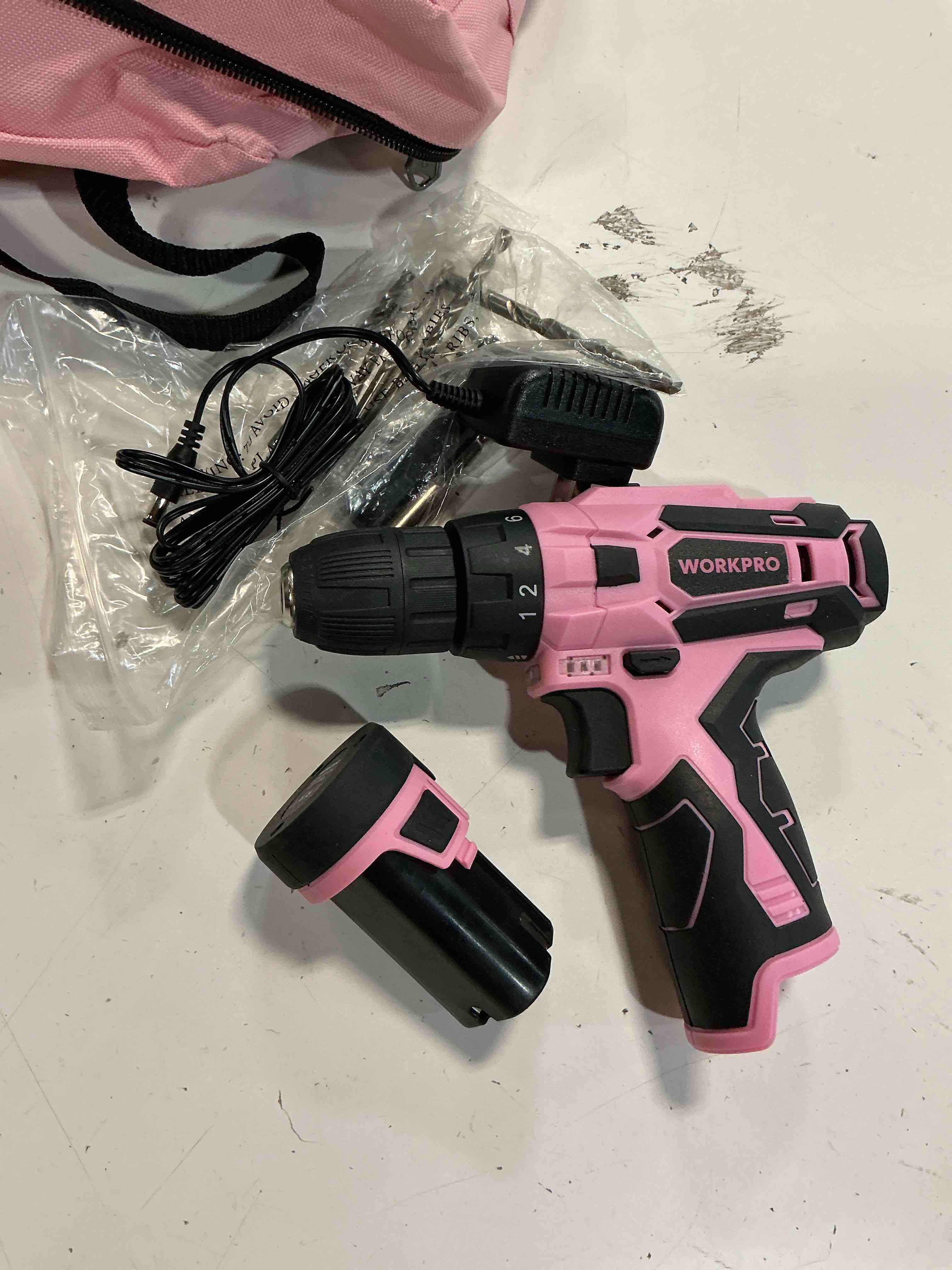 Condition photo showing Good Condition for workpro pink cordless drill driver set, 12v electric screwdriver driver tool kit, 3/8" keyless chuck, charger and storage bag included - pink ribbon