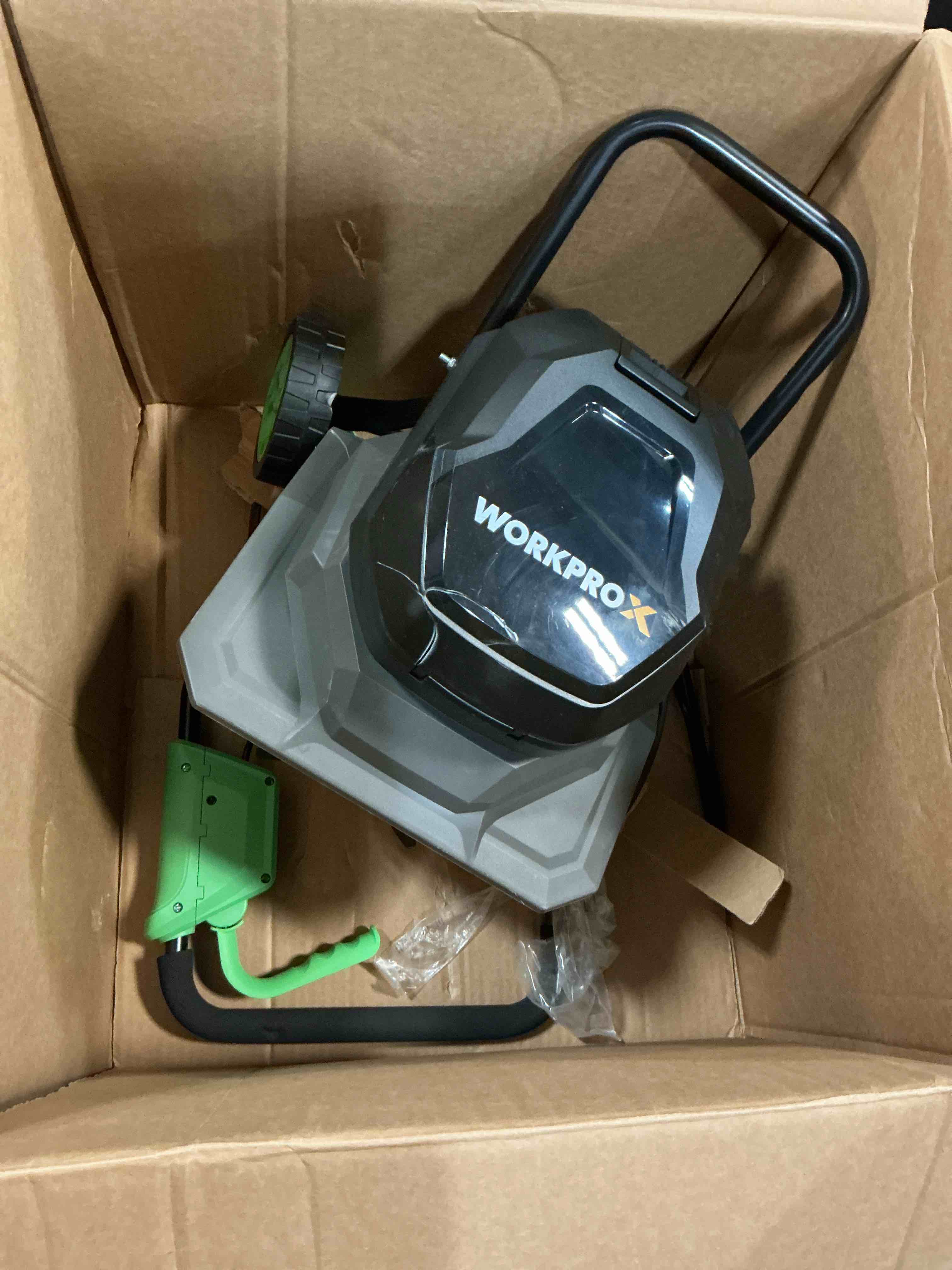 Condition photo showing As Is for workprox 40v cordless garden tiller, 12" wide & 8" deep tilling | 16 steel tines, 2 x 4.0ah batteries, tiller cultivator for lawn, garden, soil preparation and yard projects