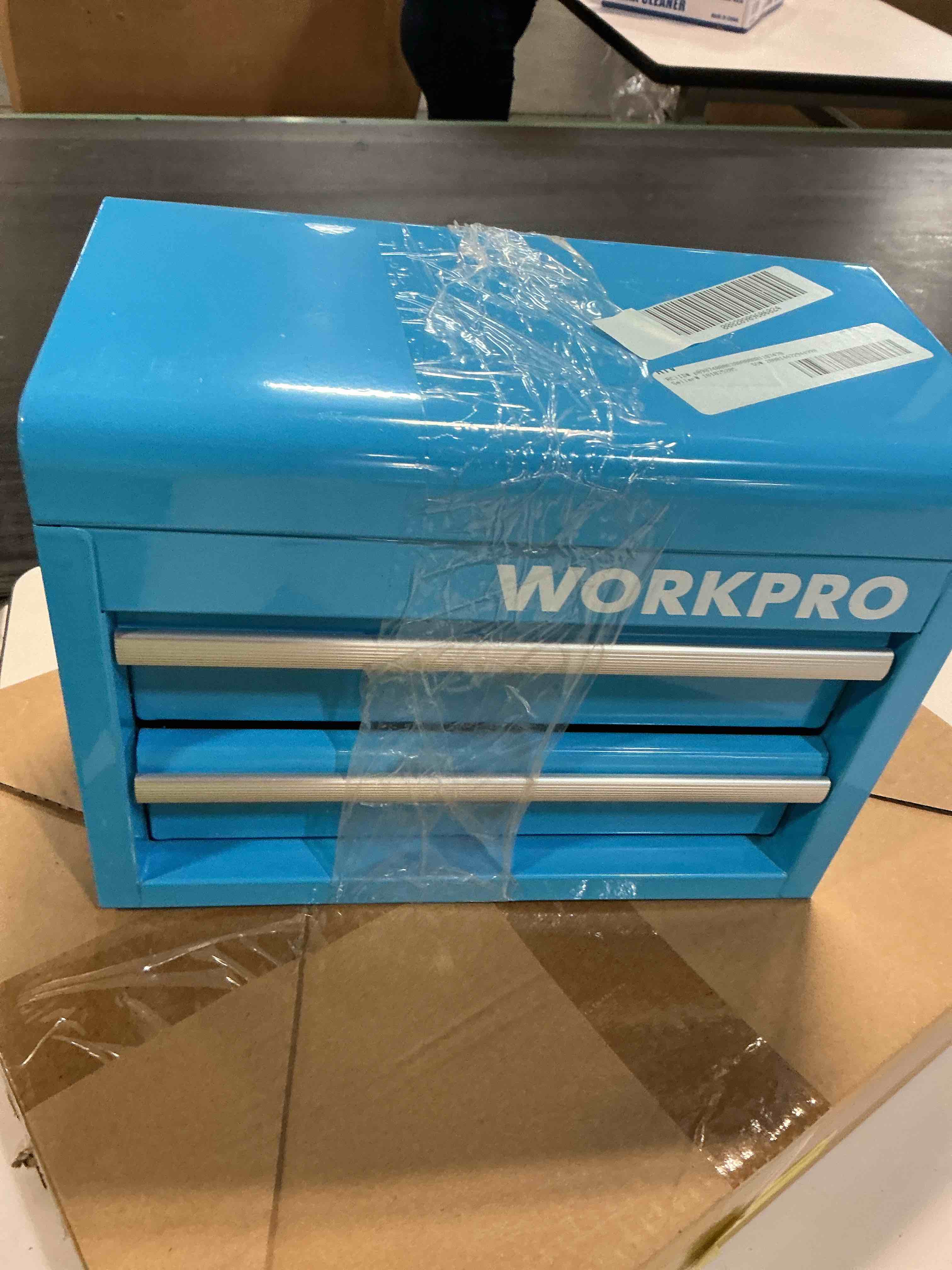 Condition photo showing As Is for workpro mini metal tool box with 2 drawers and top storage, small tool chest with pvc liners and pp feet pads, cold rolled steel toolbox with magnetic tab, blue