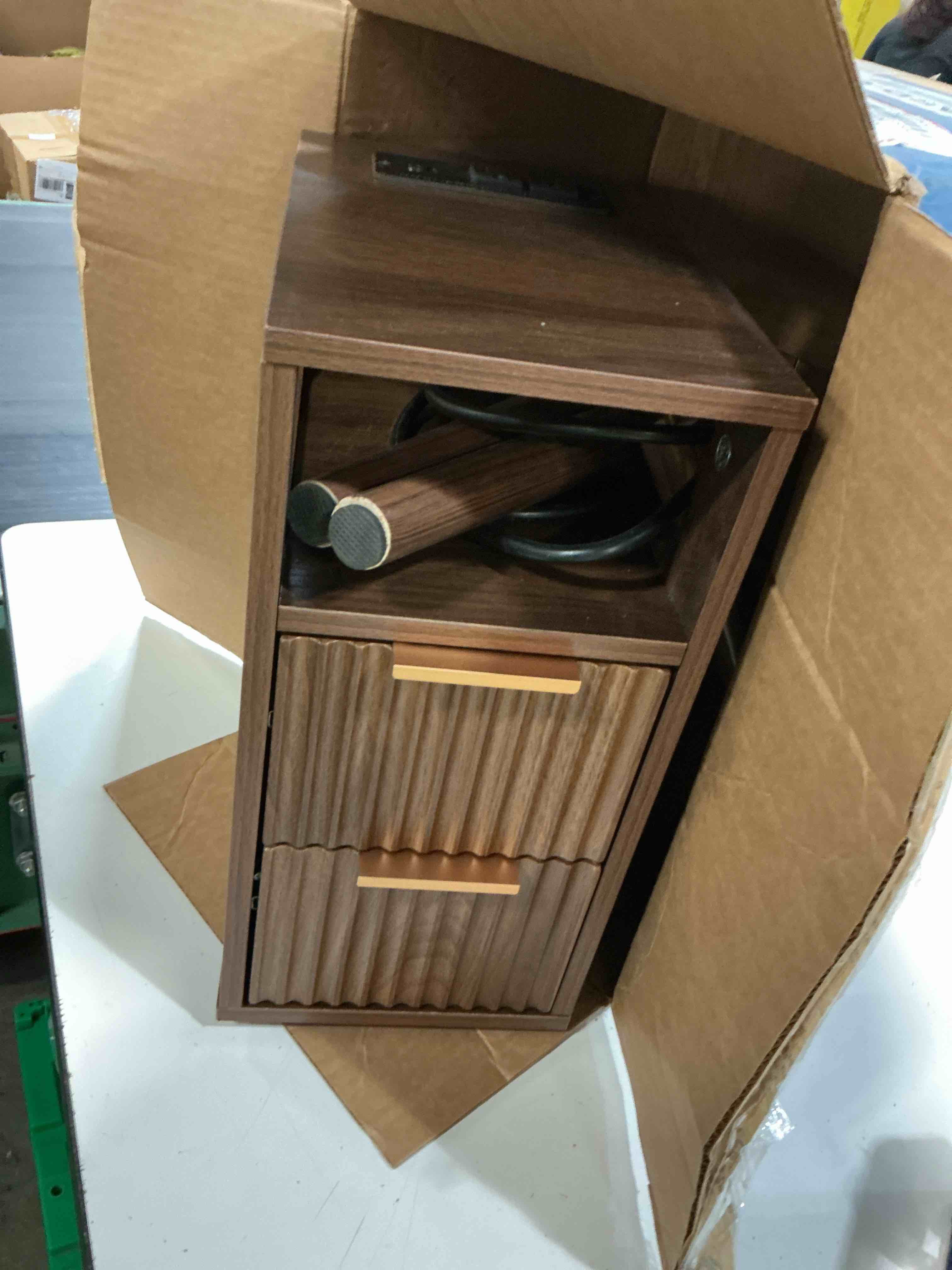 Condition photo showing As Is for elyken 7.9" small narrow side table with charging station, 24.4" h skinny fluted nightstand with 2 drawers, solid wood feet, open storage, slim end table for small spaces, bedroom, walnut walnut-1 pcs