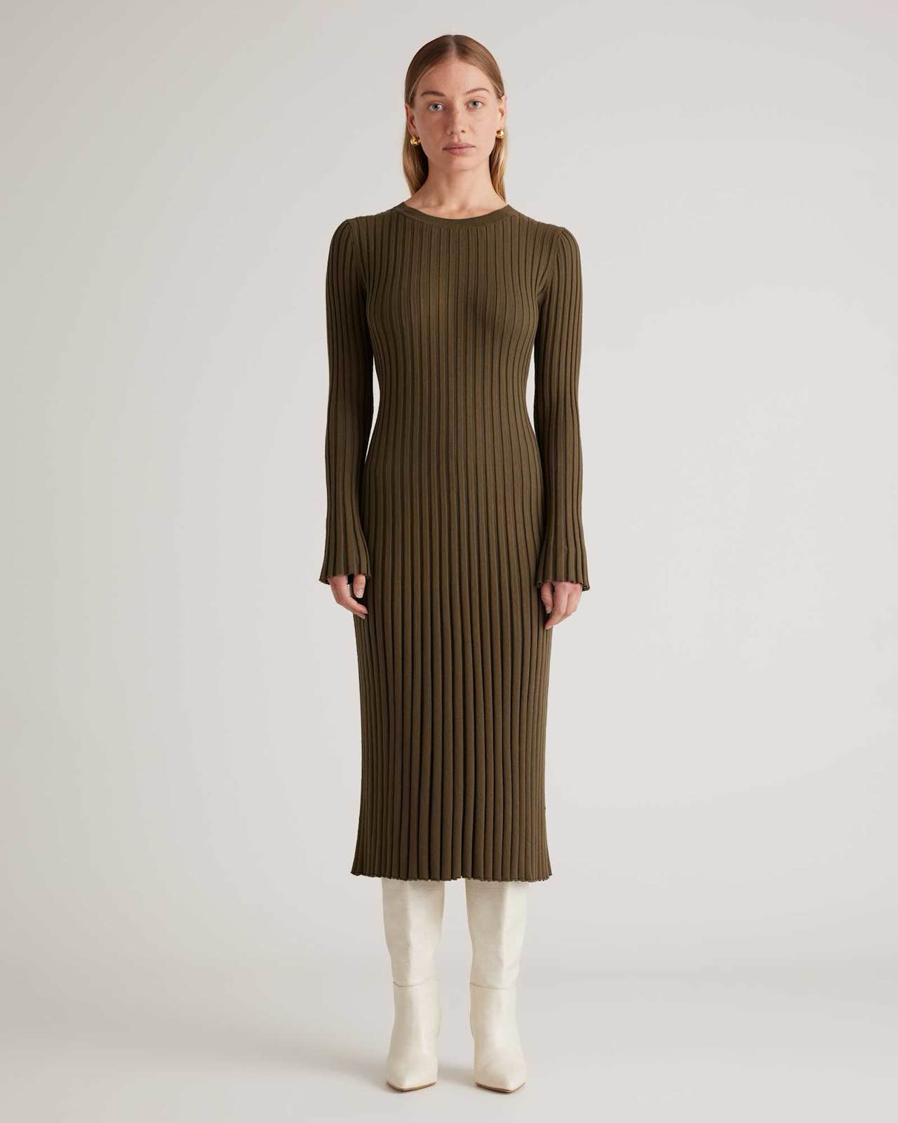 Quince Cotton Cashmere Ribbed Long Sleeve Crew Midi Dress/Olive/XS