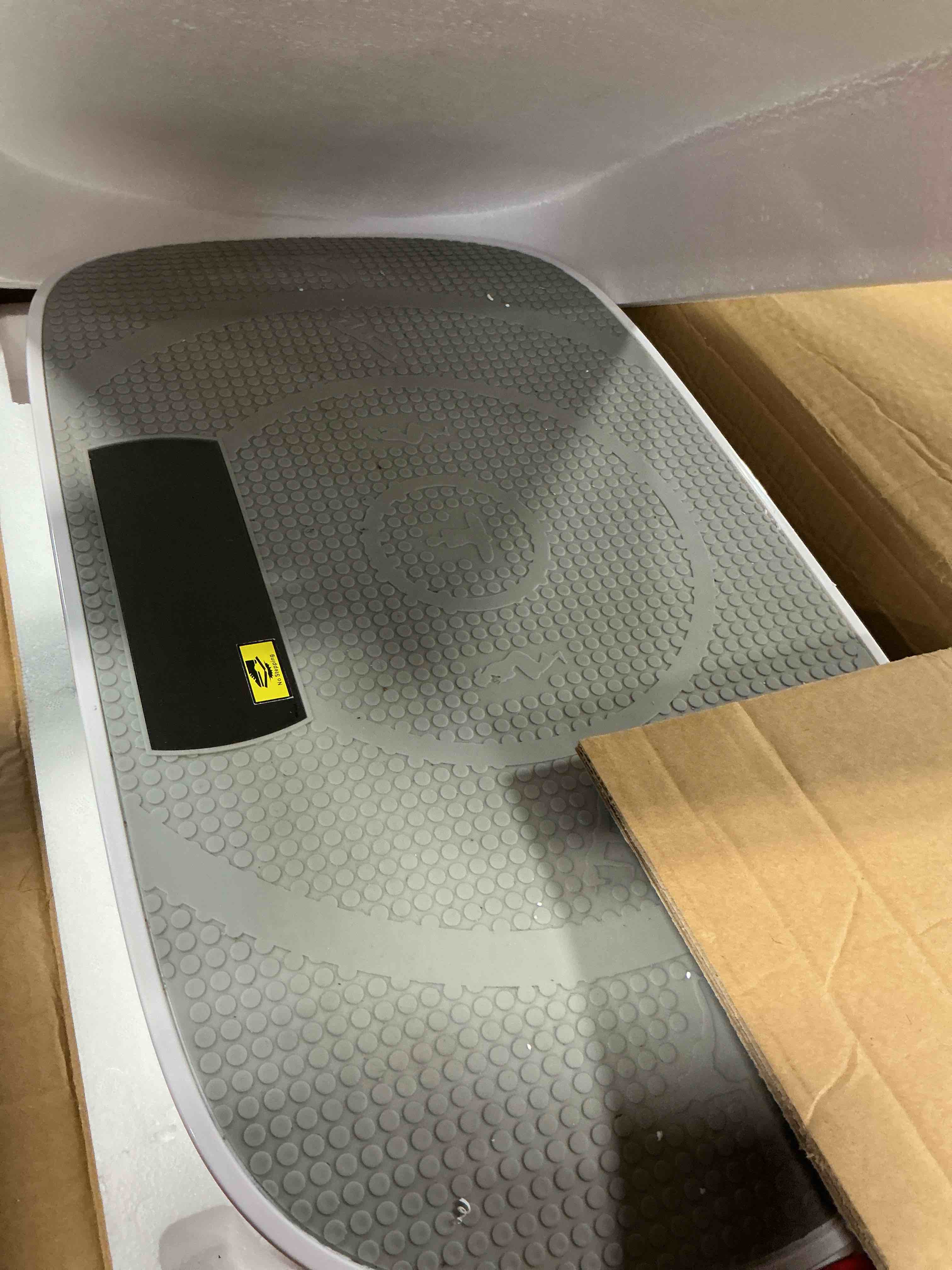 Condition photo showing As Is for merach vibration plate exercise machine, whole body workout equipment for women, bluetooth and silicone pedal, vibration plate with auto mode, vibrate fitness platform for home pro grey