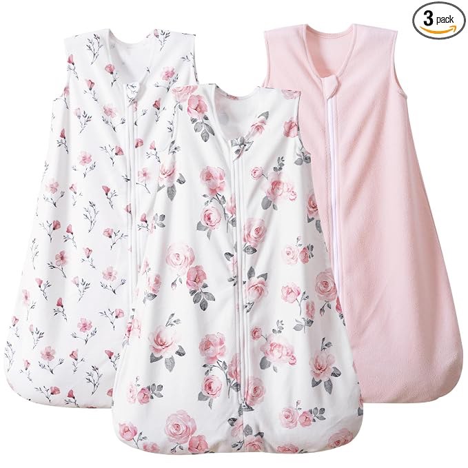 phf 3 pack warm micro-fleece baby sleep sack 6-12 months, soft baby wearable blanket, 2-way zipper sleeping bags, comfy toddler sleeping sack for girls, medium size, floral