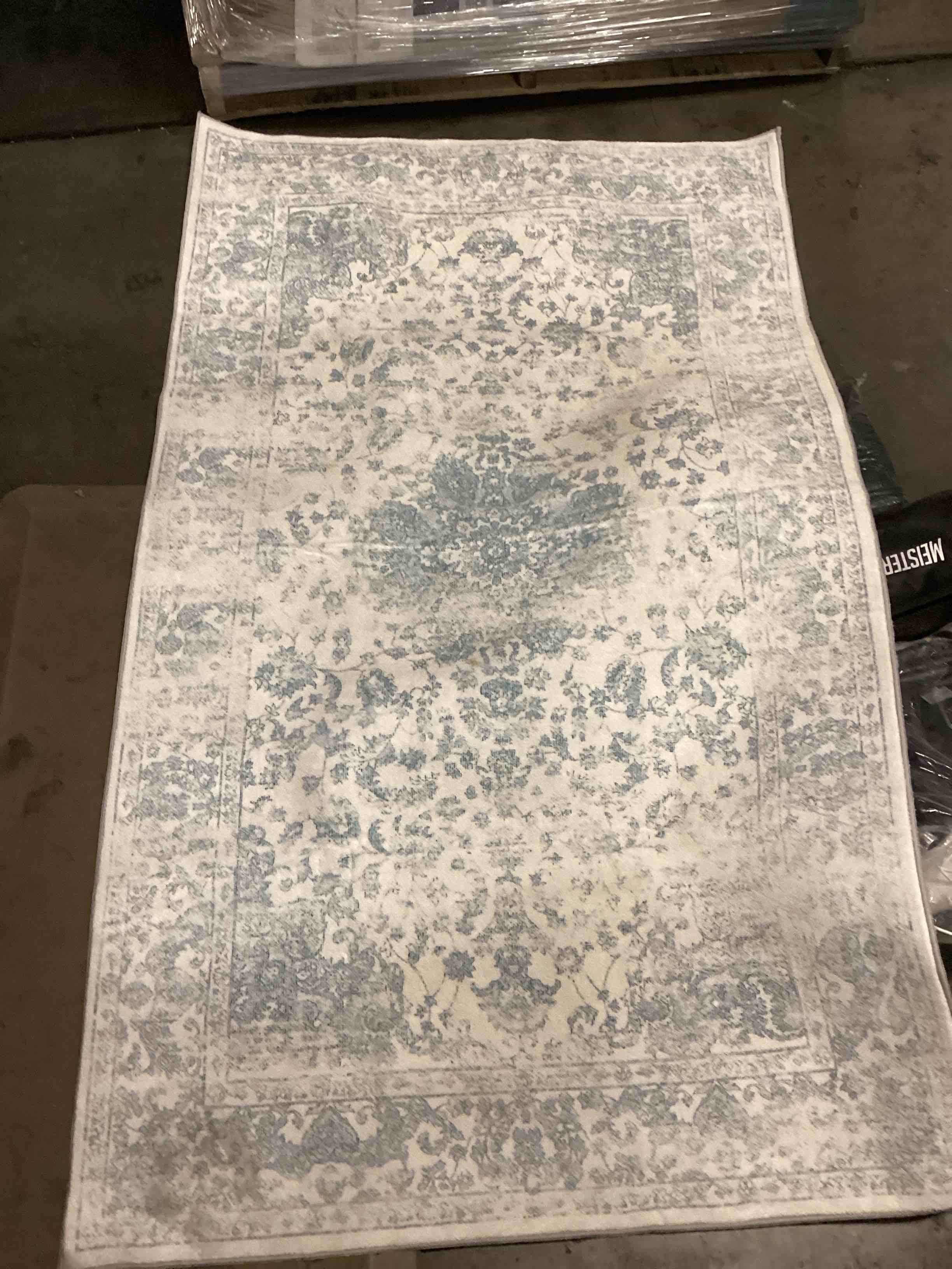 Condition photo showing As Is for 5x6 blue neutral area rug | washable, non slip, soft low pile, vintage farmhouse, for entryway kitchen bathroom living room bedroom indoor home decor