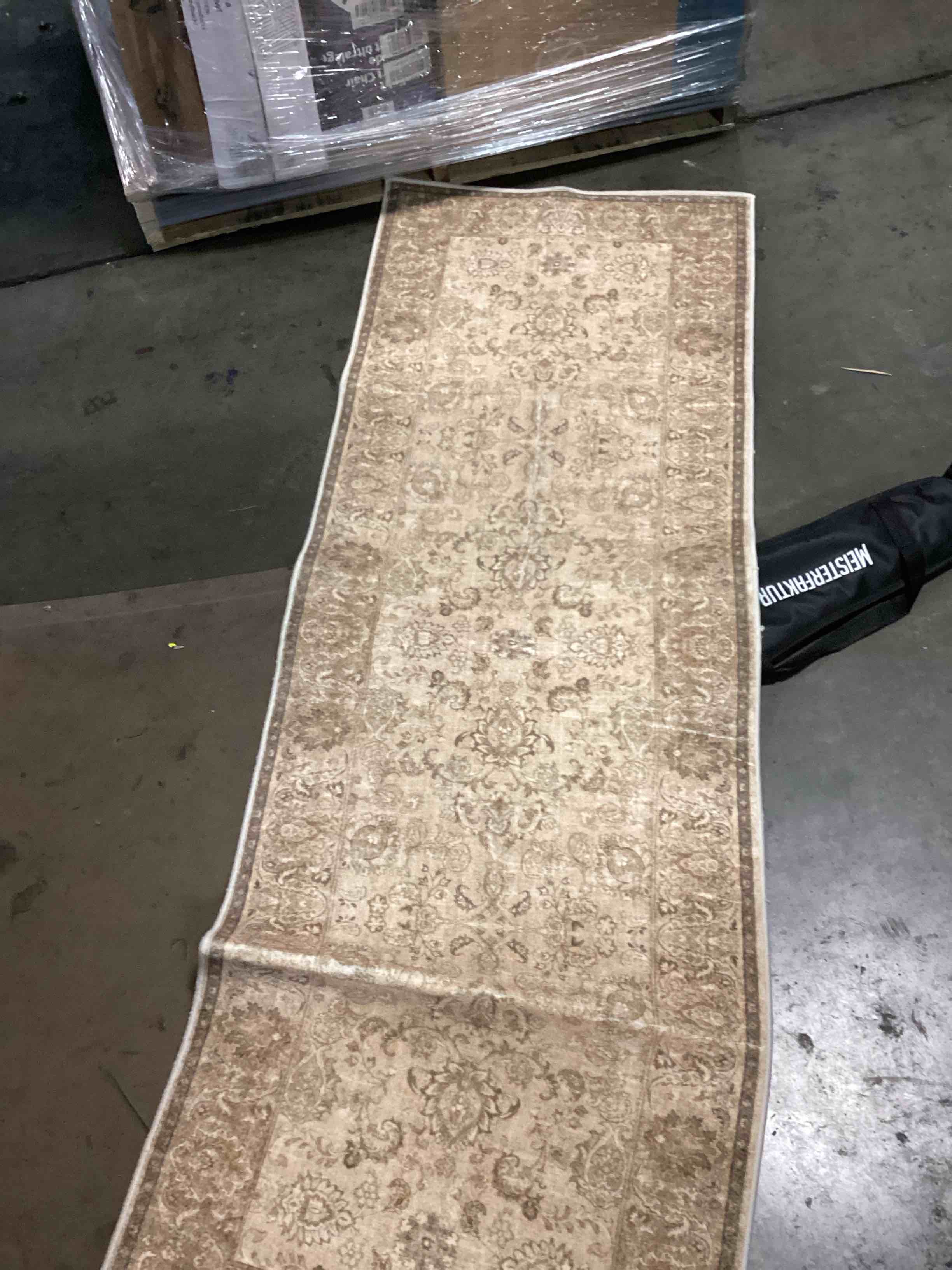 Condition photo showing As Is for hallway runner rugs 2x10 beige vintage rug | washable rug, distressed, soft durable, non slip, no shedding, indoor carpet, bedroom, kitchen, nursery, laundry