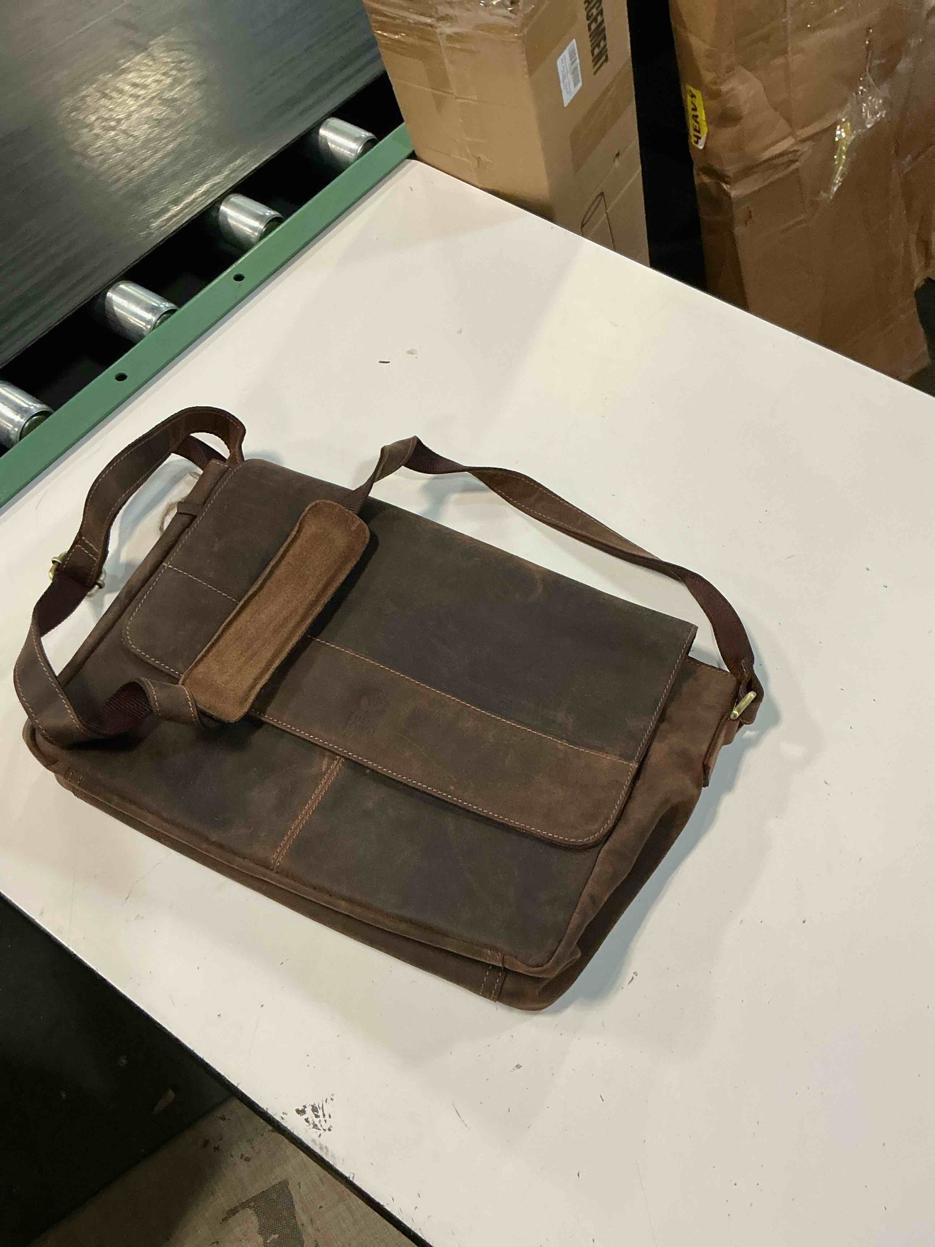 Condition photo showing As Is for rainsmore leather messenger bag for men 15.6 inch laptop bag vintage briefcase large computer bag satchel shoulder bag for college, work, business, office, brown