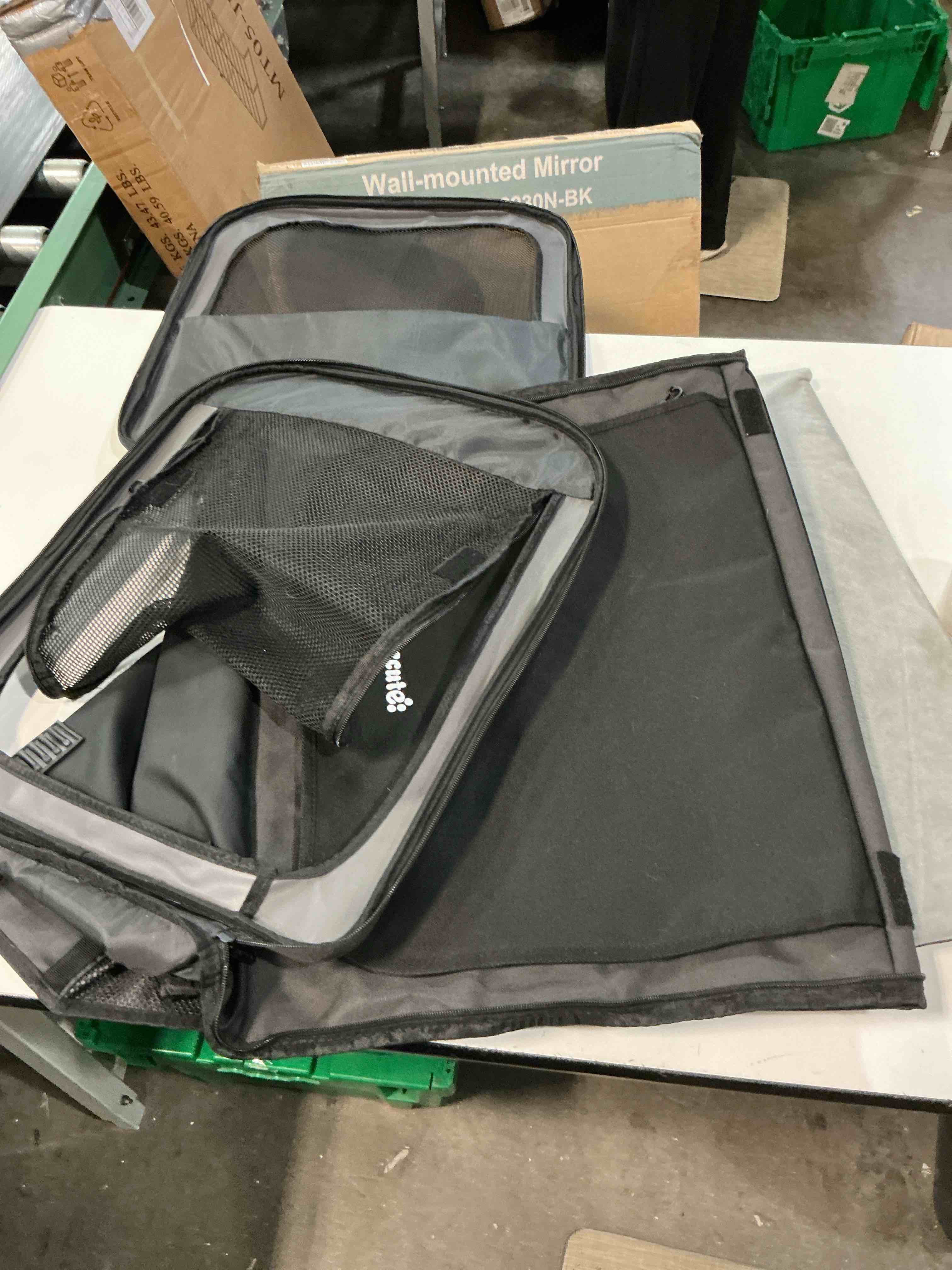 Condition photo showing As Is for dog car carrier light weight 24×17.7×20.5in, foldable dog carrier, dark gray