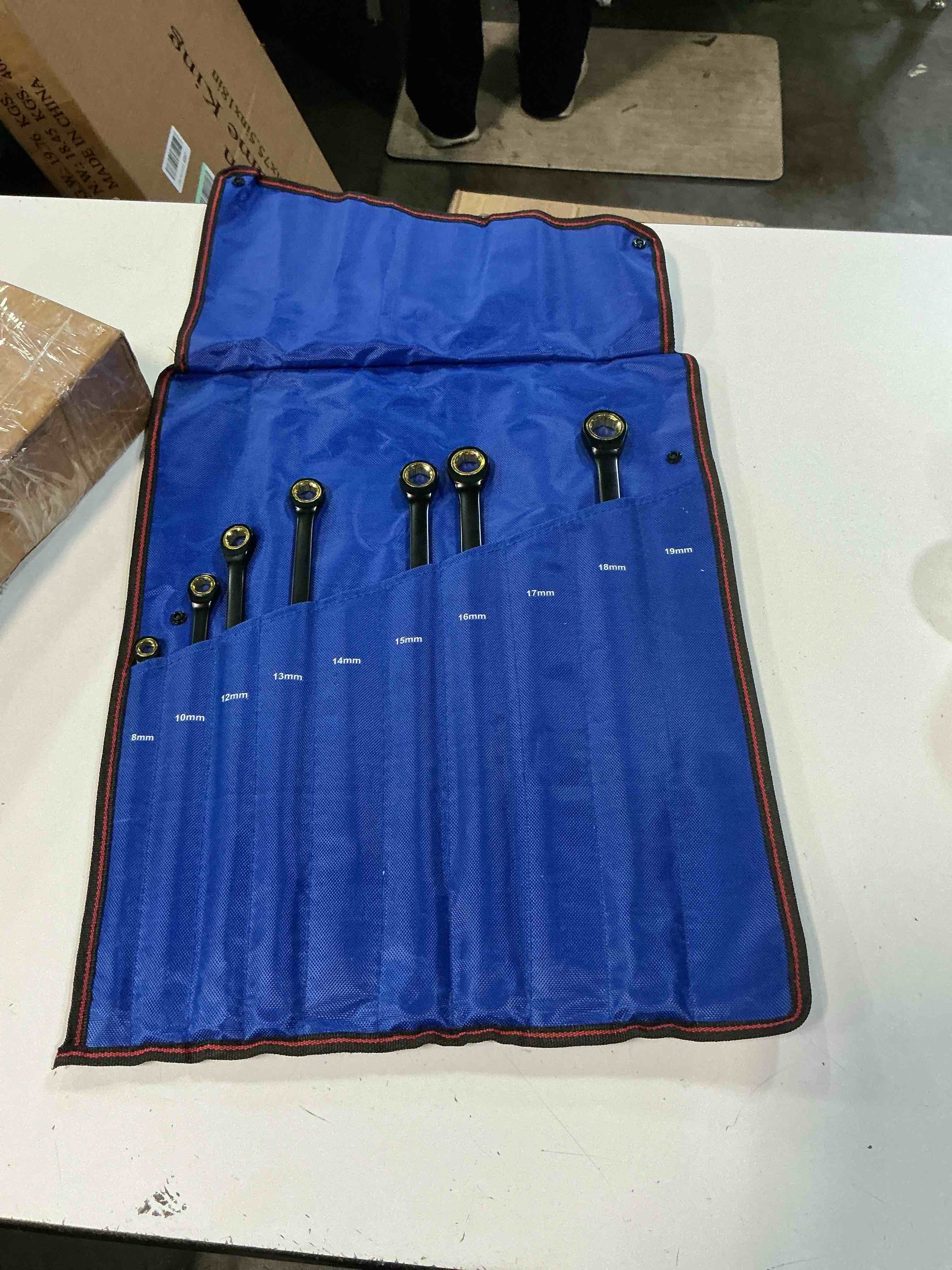 Condition photo showing As Is for workpro extra long ratcheting wrench set, 7-piece anti-slip double box wrenches set, metric 8-19 mm, 72-teeth, cr-v steel and black electrophoretic coating wrenches with rolling pouch