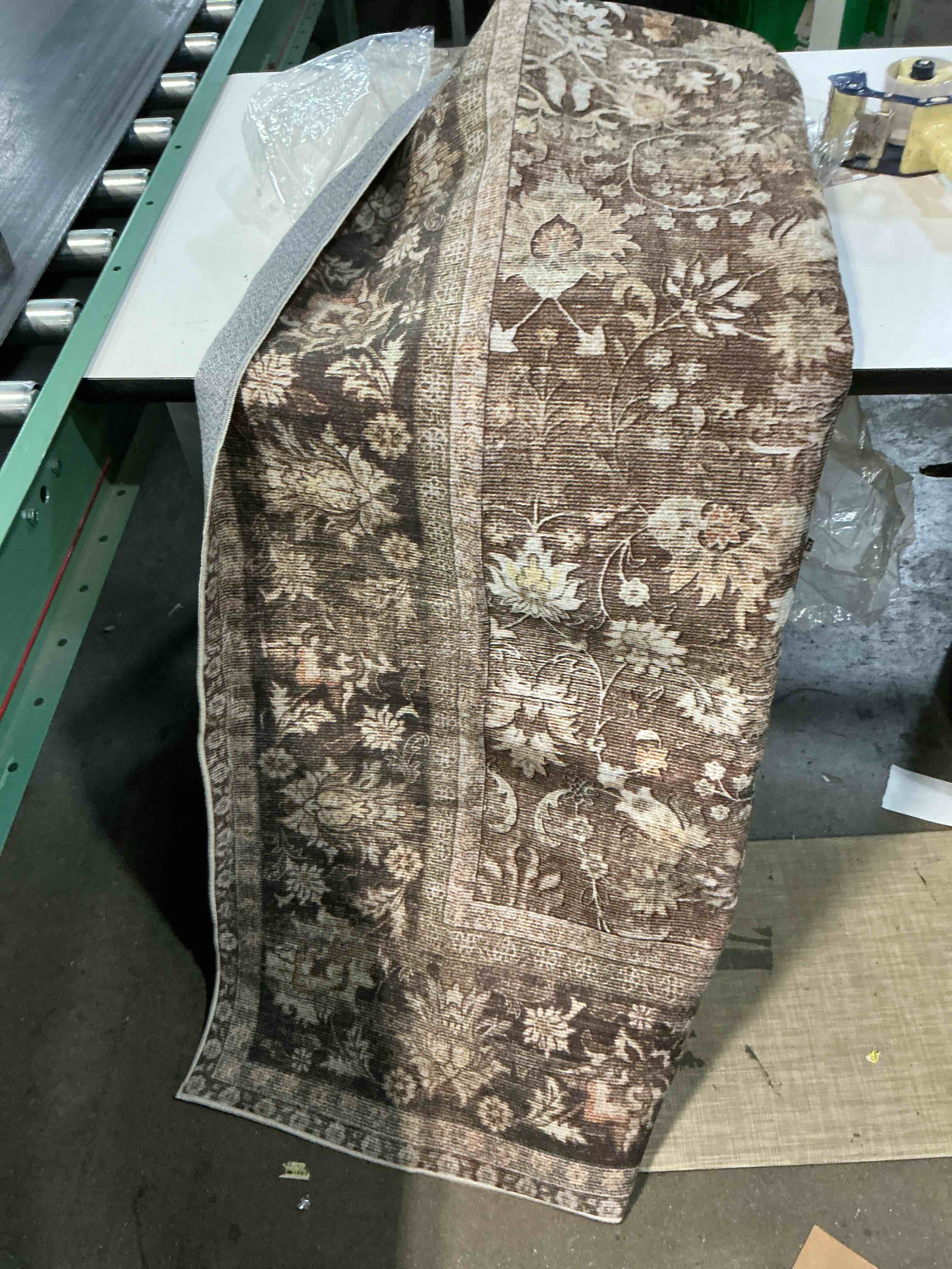Condition photo showing Good Condition for 9x12 washable area rug for living room | brown vintage floral ,thick mid pile, non slip, soft distressed rug for bedroom, dining room, office