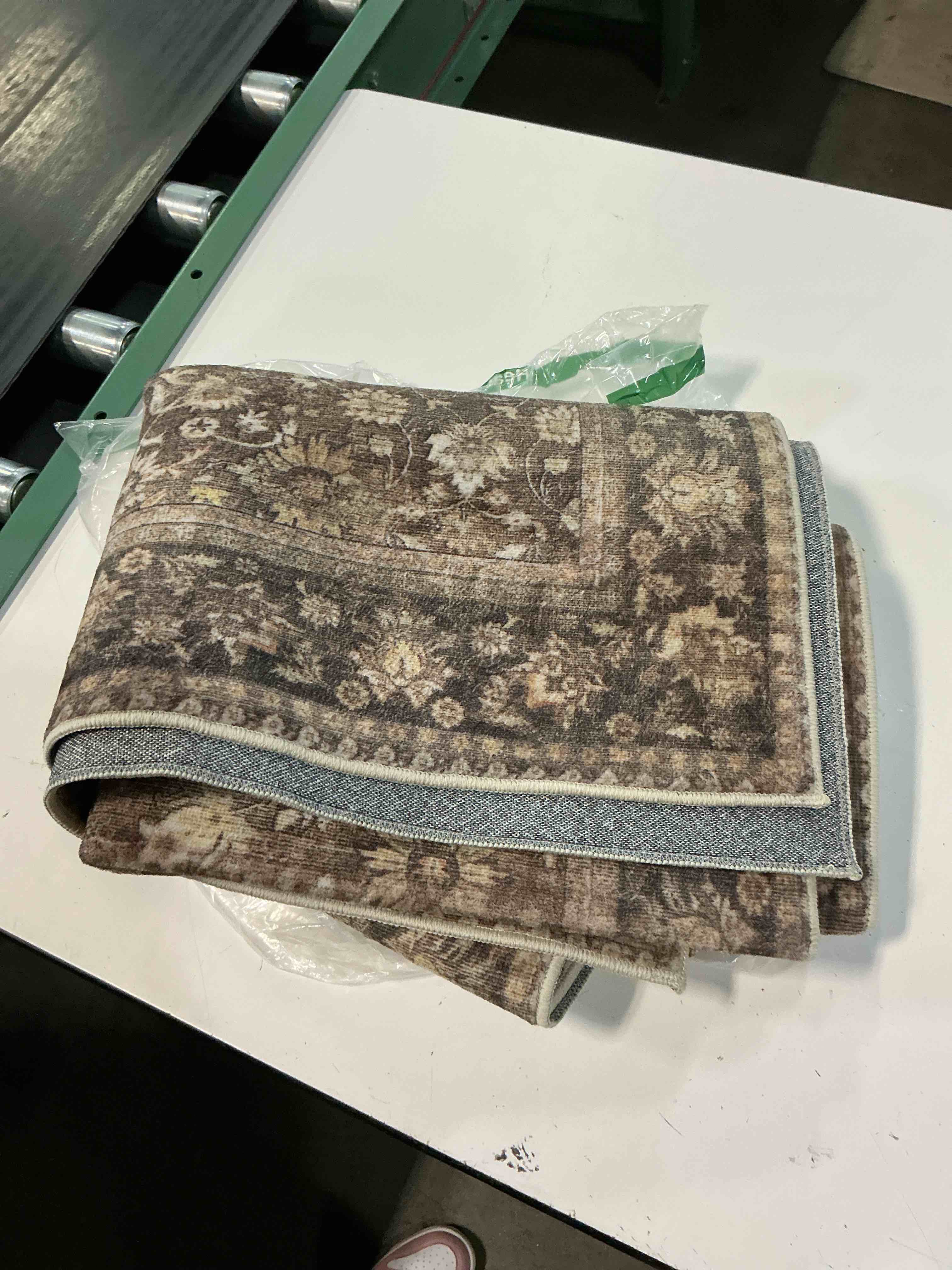 Condition photo showing As Is for 2.6x8 washable area rug for living room | brown vintage floral ,thick mid pile, non slip, soft distressed rug for bedroom, dining room, office
