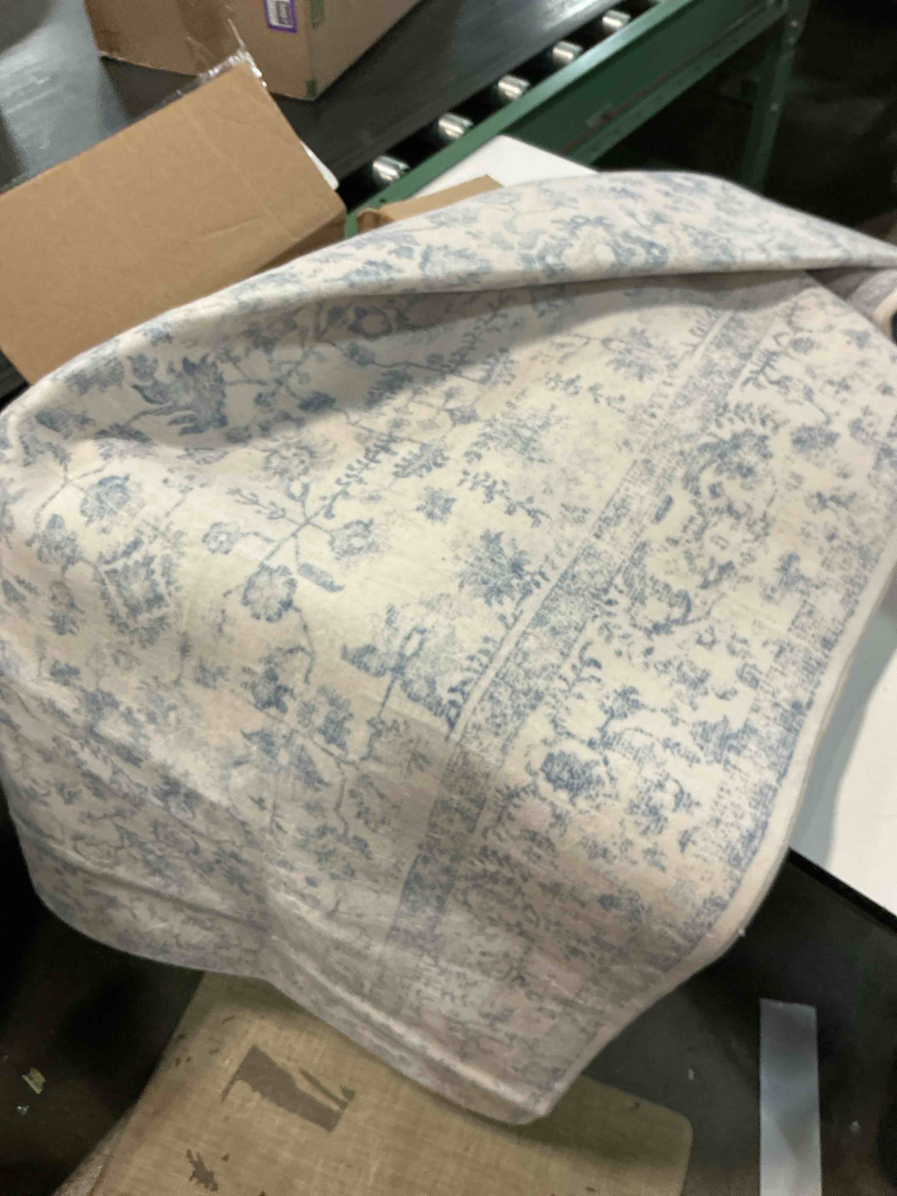 Condition photo showing As Is for blue large area rug 6x9 vintage floral | washable, non slip, soft low pile, neutral, farmhouse, indoor carpet for entryway, kitchen, office, retro home decor