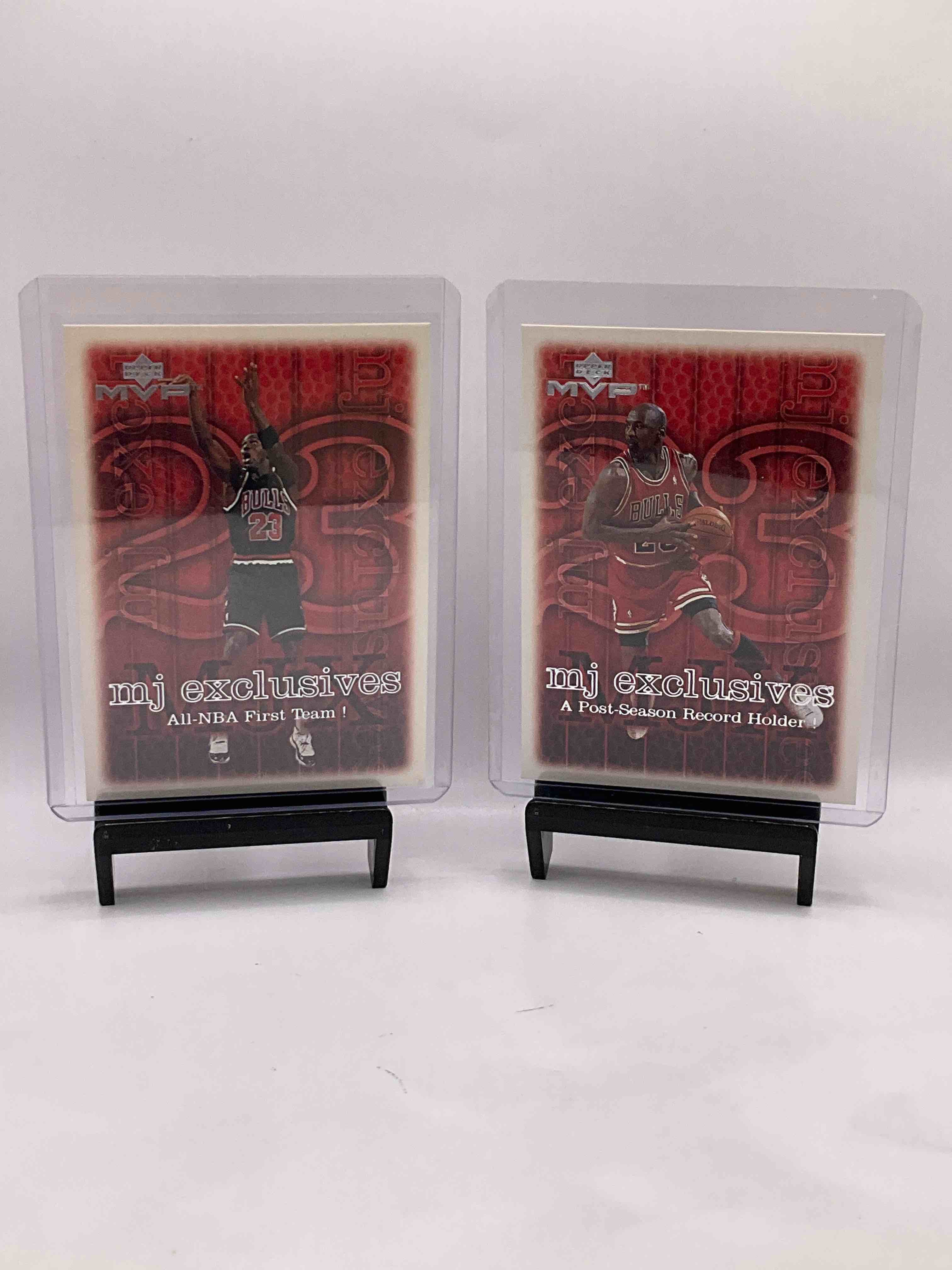 Super Rare! MJ Exclusives Rare Matching Set! Upper Deck Made A Line Of Michael Jordan MVP Cards With All Of His Great Accomplishments! Cards Dedicated To All NBA First Team, Post Season Record Holder, NBA Steals Champion, Chicago’s Court Leader, Six-Time NBA Champion, A Scoring Sensation, A Fan Favorite & A Crowd Pleasing Court Style… All A Tribute To MJ’s Insane Talent On The Court! These Cards Are Hard To Collect & Find, Get Your Hands On These Cards Before It’s Too Late! All In Hard Cases!
