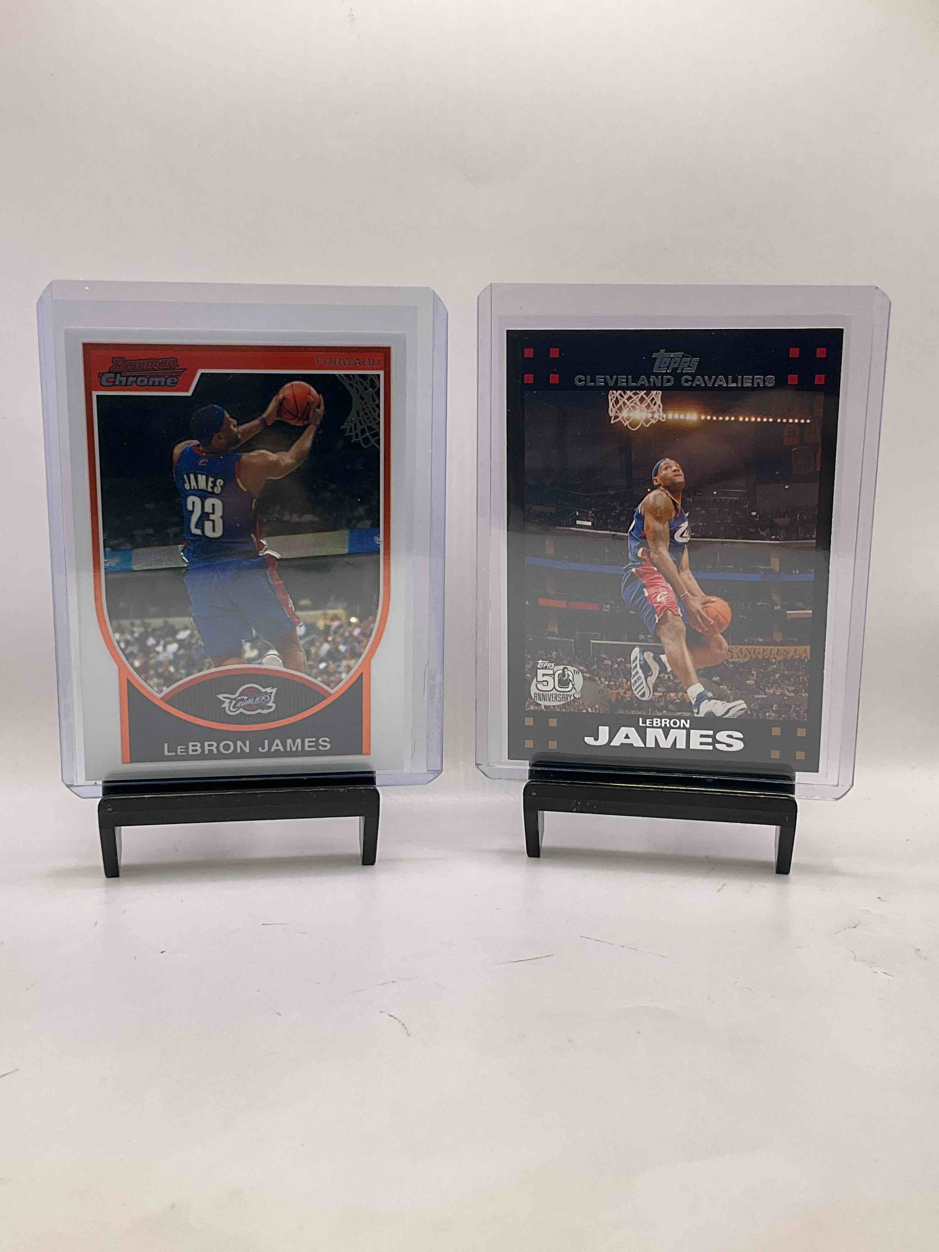 Insane Dunk Fest LeBron Bundle! Bowman Chrome 2007 LeBron James Card, Super Rare! Topps 50th Anniversary Card, Bowman 2004 Card, Topps 2005 Card, Upper Deck 2005 Card & Fleer 2004 Card… All In One Place!