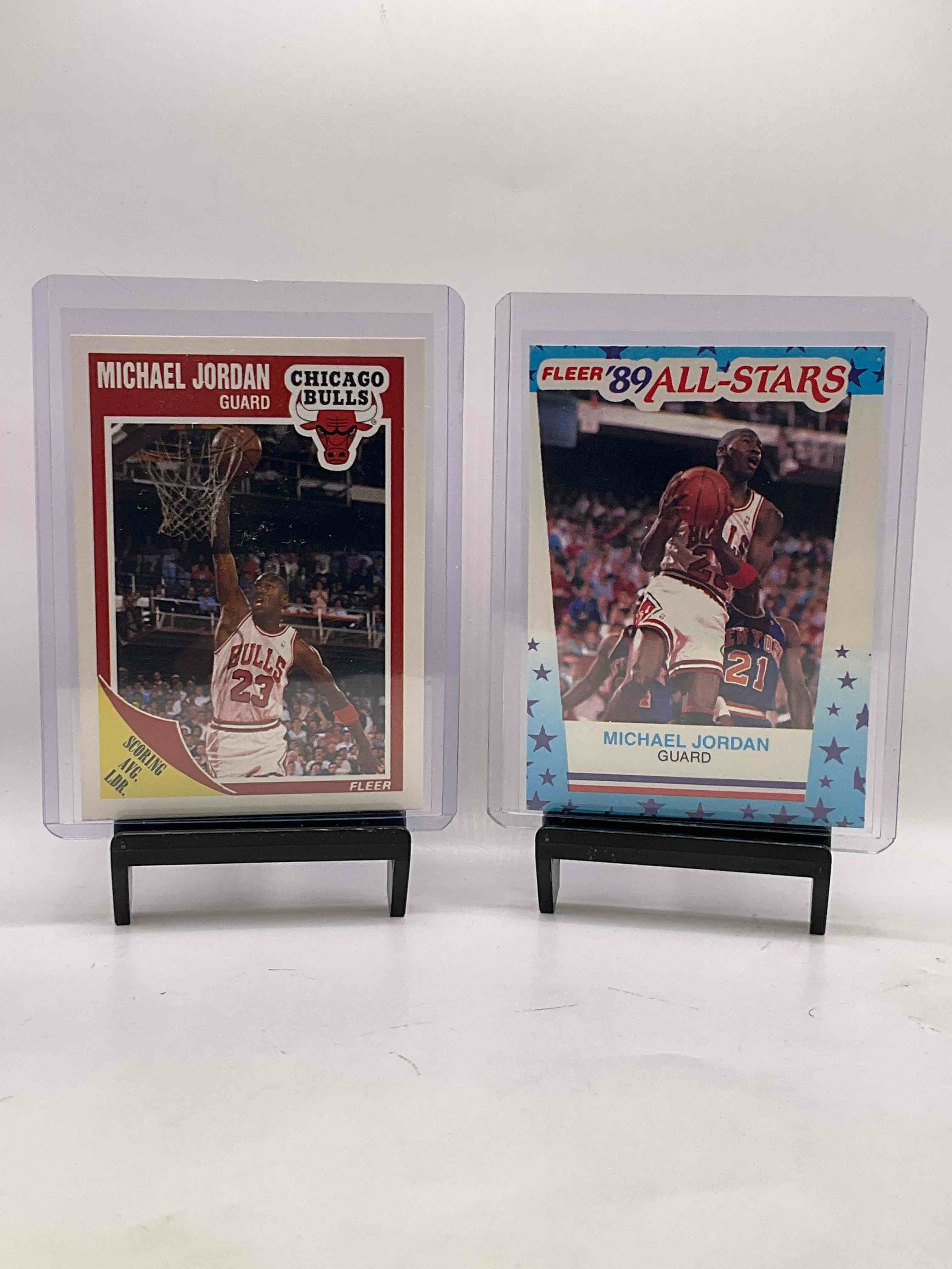 1989 NBA Fleer Michael Jordan Wow! Six Rare 1989 NBA Sports Cards, Ungraded, Freshly Pulled From Packs. Includes Michael Jordan #21 (PSA 10 Value $900), Larry Bird #8 (PSA 10 Value $300), Michael Jordan Sticker #3 & Three Other Cool Cards! All In Top Loader Protective Cases With Sleeves. 1989 NBA Fleer Cards Are Elite & Rare, A Great Sports Card Memorabilia Investment Opportunity!