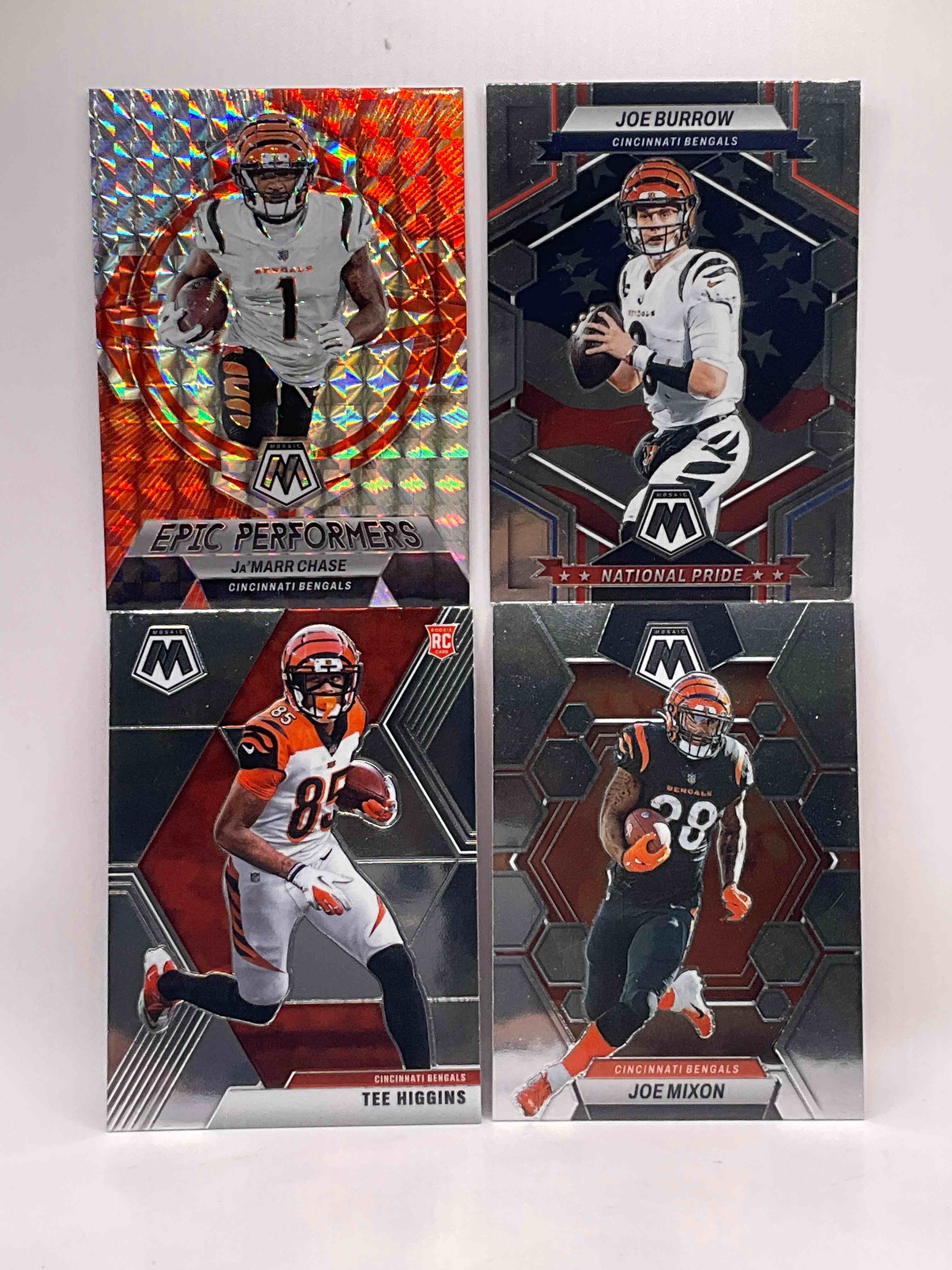 BENGALS BIG 4 MOSAICS! Ja’marr Chase Mosaic Epic Performers Card, Joe Burrow Mosaic National Pride Card, Joe Mixon Mosaic & Tee Higgins Mosaic Rookie! 