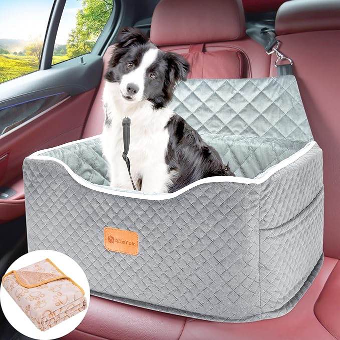 Memory Foam Booster Dog Car Seat Medium Dogs, Elevated Pet Car Seat Under 45 LBS, Detachable Washable, Anti-Slip Dog Booster Seat for Car Back Seat Only, Travel Dog Car Bed, Dog Seat Belt