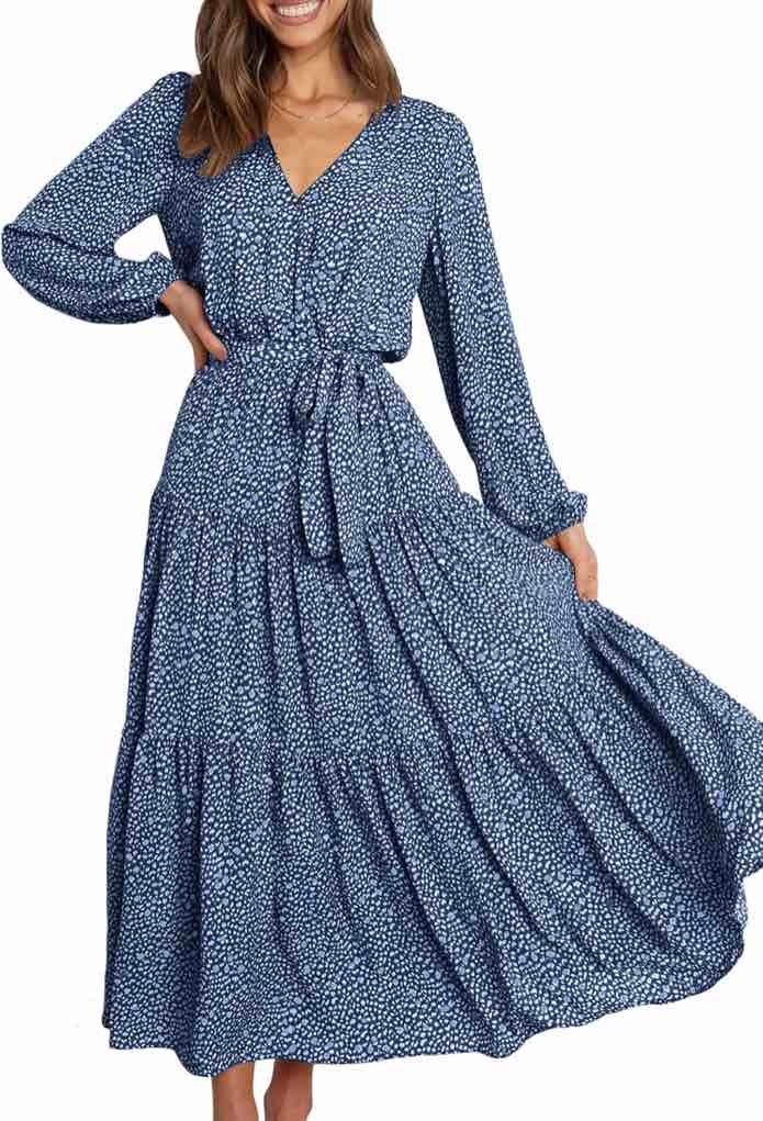 ( Size L ) PRETTYGARDEN Womens Fall Long Sleeve Wrap V Neck Ruffle Floral Maxi Dress Casual Tie Waist Boho Chiffon Flowy Long Dresses