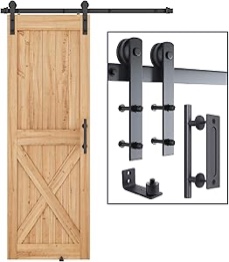 SMARTSTANDARD 5 FT Heavy Duty Sturdy Sliding Barn Door Hardware Kit, Black, (Whole Set Includes 1x Pull Handle Set & 1x Floor Guide) Fit 28''-30" Wide Door Panel (I Shape Hanger) 5 Feet