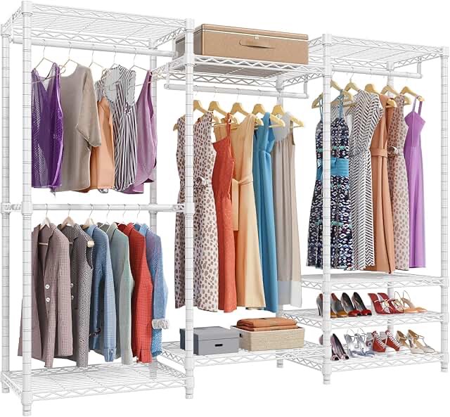 Ulif E8 Heavy-Duty Garment Rack, Freestanding Extra Large Clothes Rack with 7 Wire Shelves and 4 Hanger Rods, Closet Organizers and Storage, 86.6" W x 14.5" D x 71.2" H, Max Load 880 LBS, White