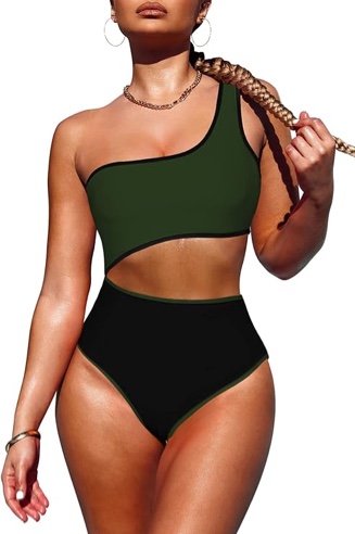 Limeeke Women's Sexy Cutout One Piece Swimsuit One Shoulder Swimwear Ribbed Monokini Bathing Suit Green M