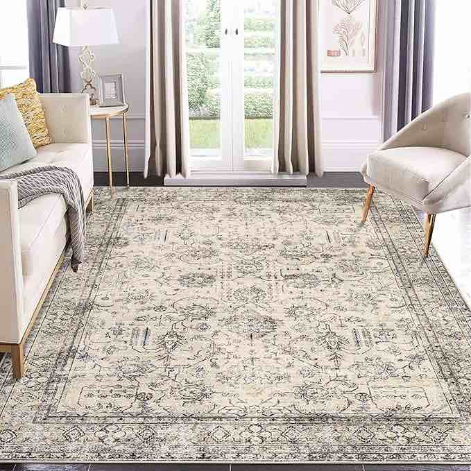 COZYLOOM Area Rug 5x7 Vintage Rug Distressed Floor Cover Washable Rug Ultra-Thin Non-Slip Foldable Lightweight Rug Retro Floral Print Throw Carpet for Living Room Bedroom Nursery Office Kitchen Beige