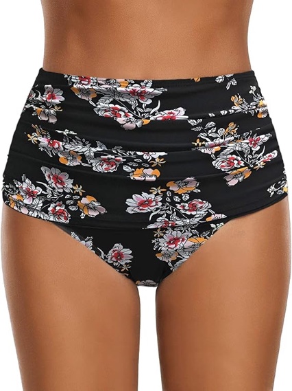 GRAPENT Women's Black Floral Print High Waisted Swim Bottom Ruched Bikini Tankini Swimsuit Briefs High Rise Shirred Bathing Suit Briefs Swim Bottoms Size XXL XX-Large Size 20 Size 22