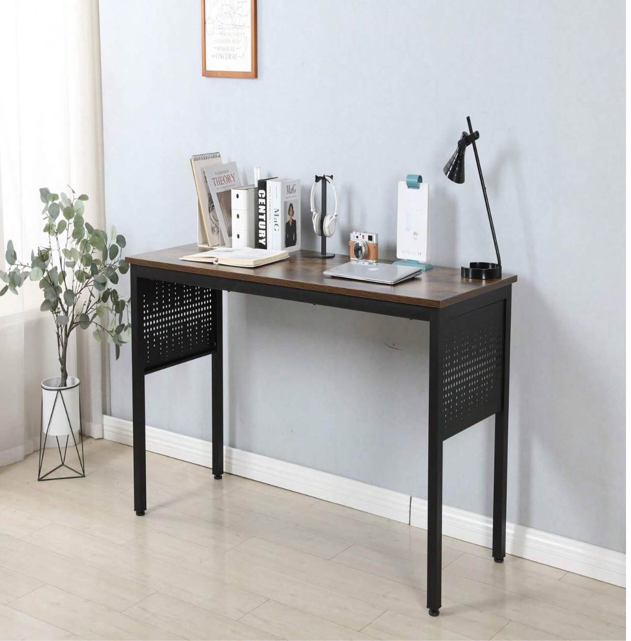 63x24 inches home office desk workstation with metal decorative panel BLACK/RUSTIC BROWN 