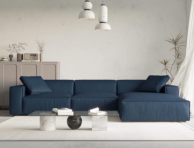 Acanva Modern L-Shaped Deep Sectional Sofa Furniture Set for Living Room Lounge, Minimalist Style Comfy Flannel Upholstery Corner Couch with Chaise, Amber Blu