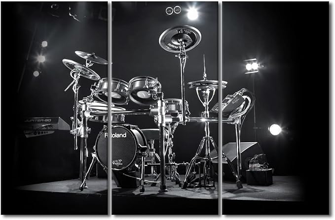 Music Canvas Wall Art 3 Pieces Black and White Shelf Drum Set Musical Instruments Theme Posters Canvas Print for Living Room Dining Room Wall Decor Stretched and Framed Ready to Hang 