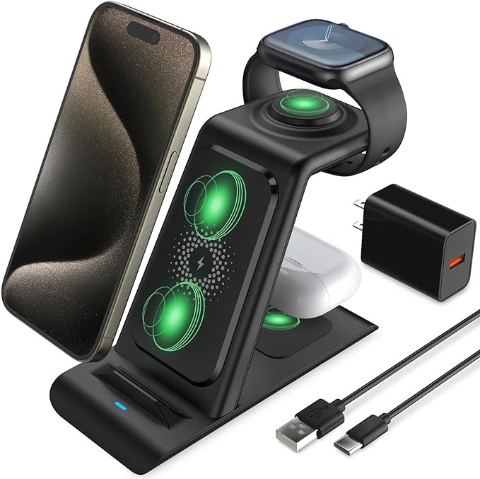 3 in 1 Charging Station for iPhone, Wireless Charger for iPhone 14 13 12 11 X Pro Max & Apple Watch - Charging Stand Dock for AirPods