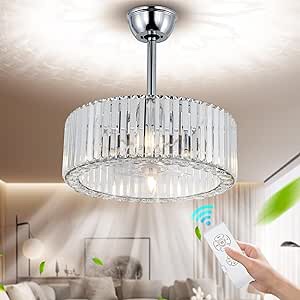 SYTPPLAN Crystal Ceiling Fan with Lights and Remote, 18" Fandaliers Ceiling Fan, Caged Ceiling Fan Chandelier Ceiling Fan with Reversible Motor for Bedroom Living Room Kitchen