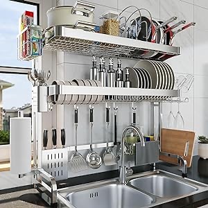 LIVOD Over The Sink Dish Drying Rack, 3-Tier Drying Drying Rack Over The Sink Stainless Steel Adjustable (29.1''~37.4''), Multifunctional Dish Rack Over Sink Organizer with Pots and Pans Rack (Silver)
