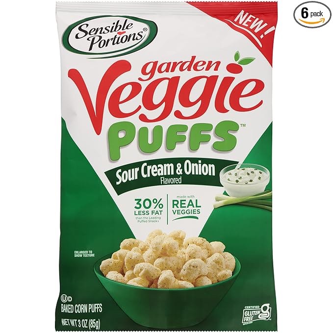 Sensible Portions Garden Veggie Sour Cream & Onion Flavored Baked Corn Puffs, 3 oz (Pack of 6). Best before 04 Sep 24