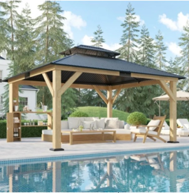 (incomplete box 4 of 4) Sophiyah 13X15 Wood Gazebo, Hardtop Gazebo With Iron Roof Double Roof, Grill Gazebo With Wood Frame For Patio, Garage, Lawns, Parties, Black + Natural Wood, 4