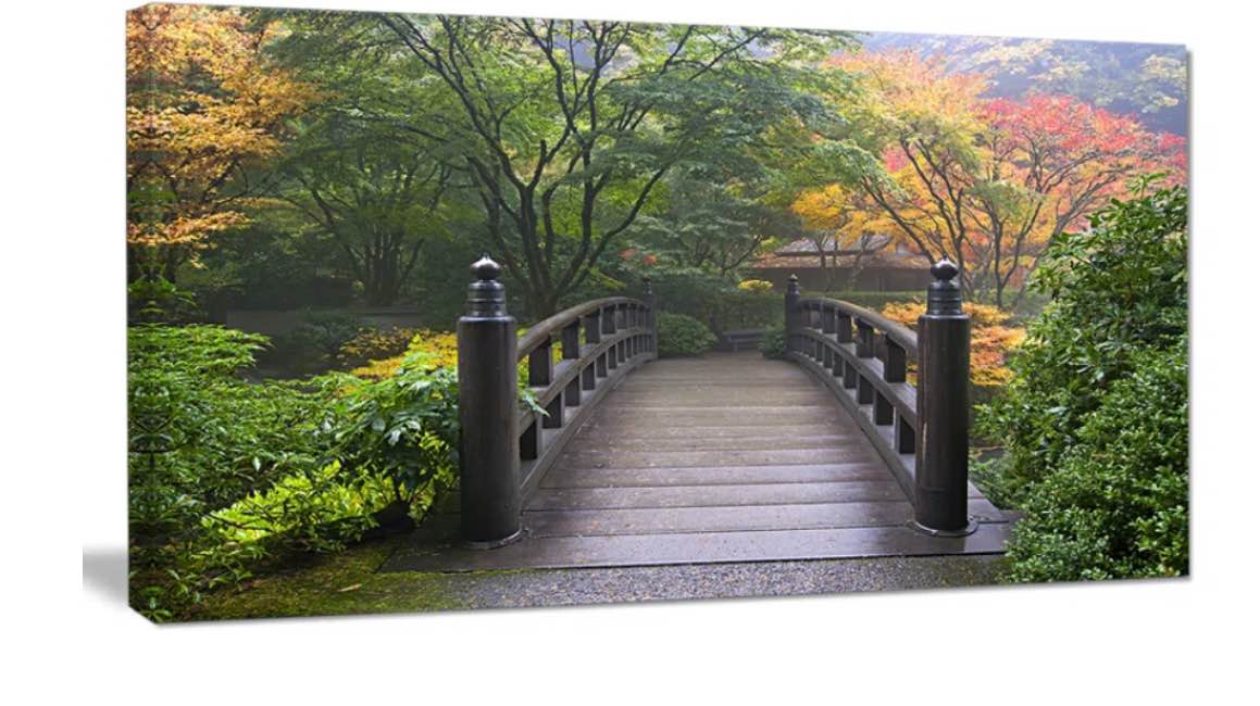 Wood Bridge at Japanese Garden in Fall - Wrapped Canvas Photograph Print Size: 16" H x 32" W x 1" D
